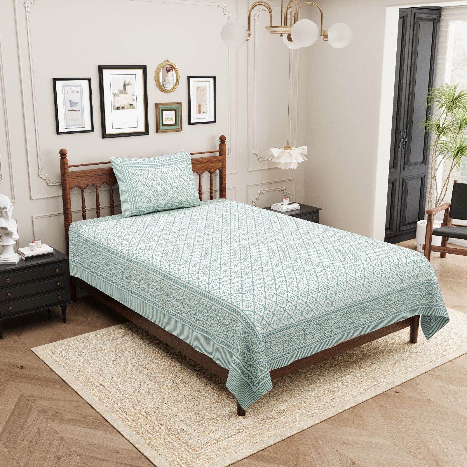 Pure cotton single bedsheet with 1 pillow cover pairs (set of 2)