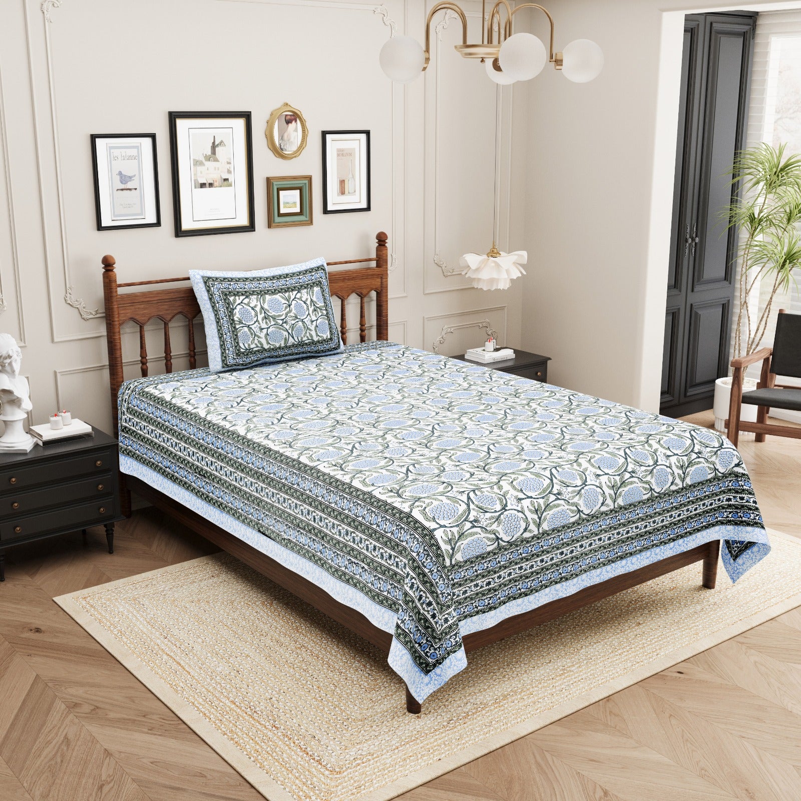 Pure cotton single bedsheet with 1 pillow cover pairs (set of 2)