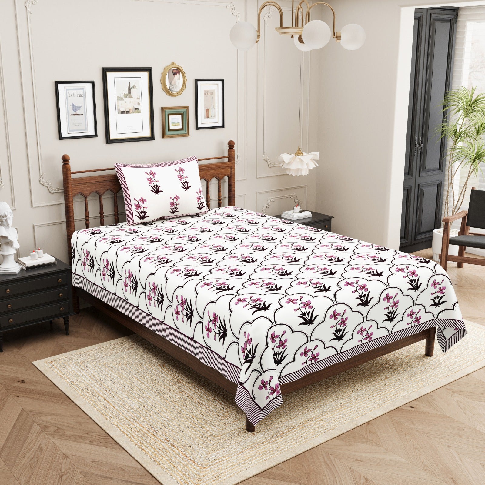 Pure cotton single bedsheet with 1 pillow cover pairs (set of 2)