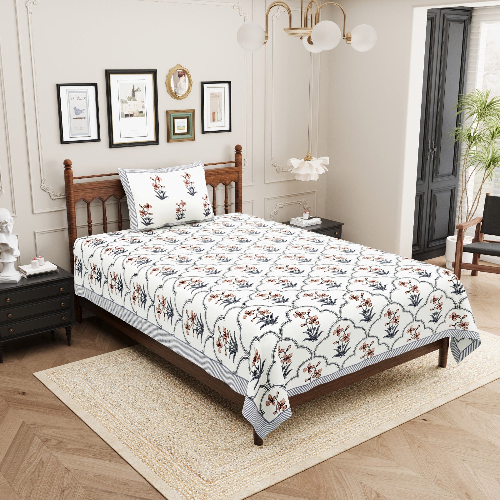 Pure cotton single bedsheet with 1 pillow cover pairs (set of 2)