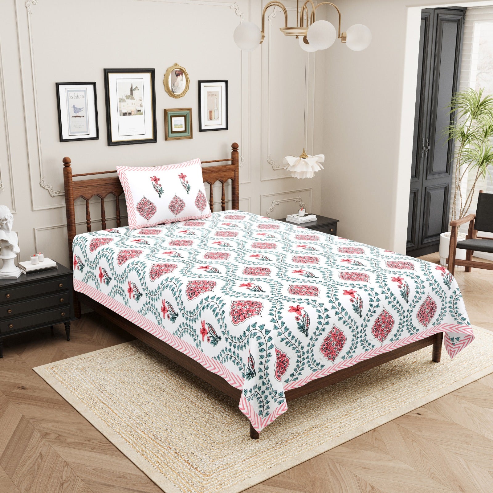 Pure cotton single bedsheet with 1 pillow cover pairs (set of 2)