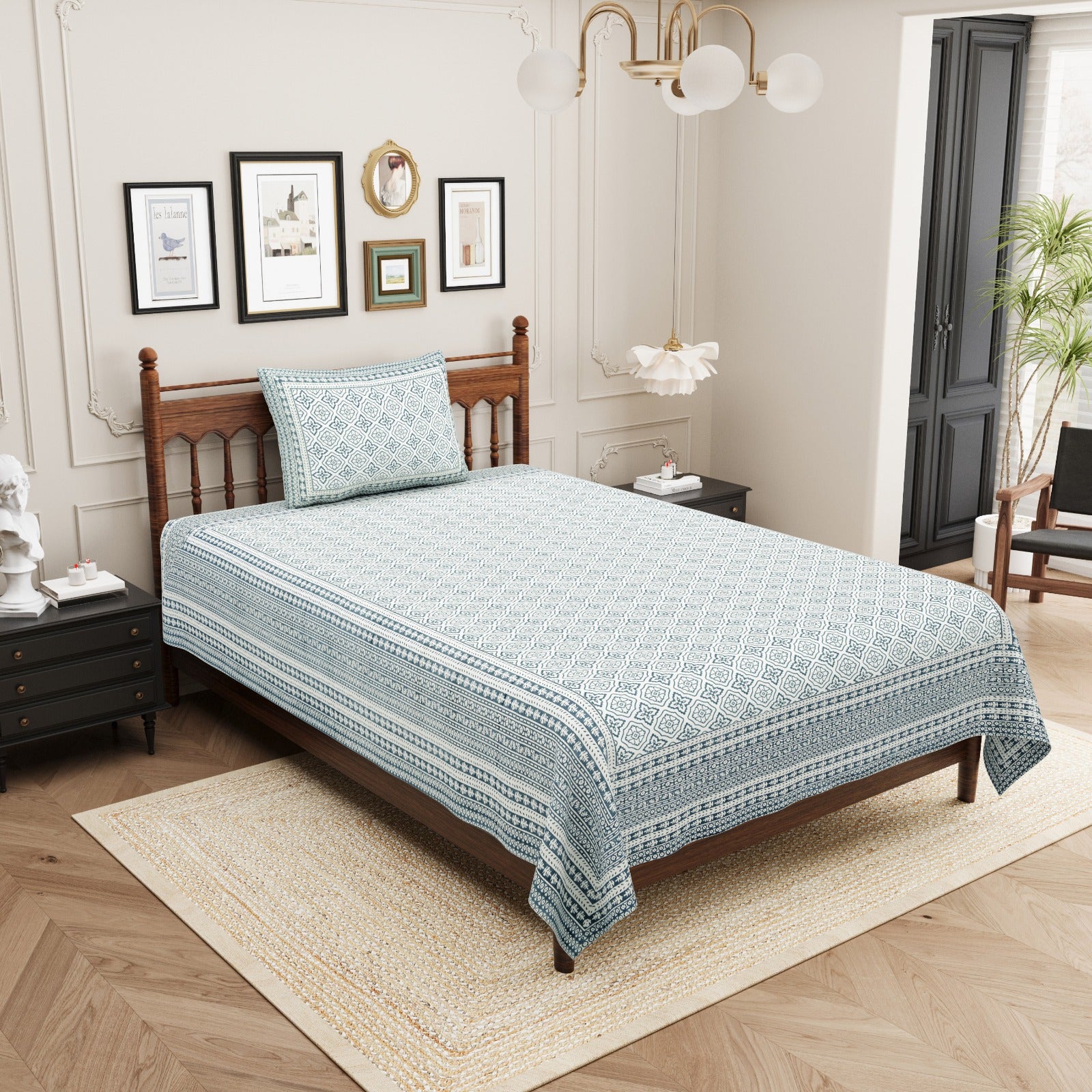 Pure cotton single bedsheet with 1 pillow cover pairs (set of 2)