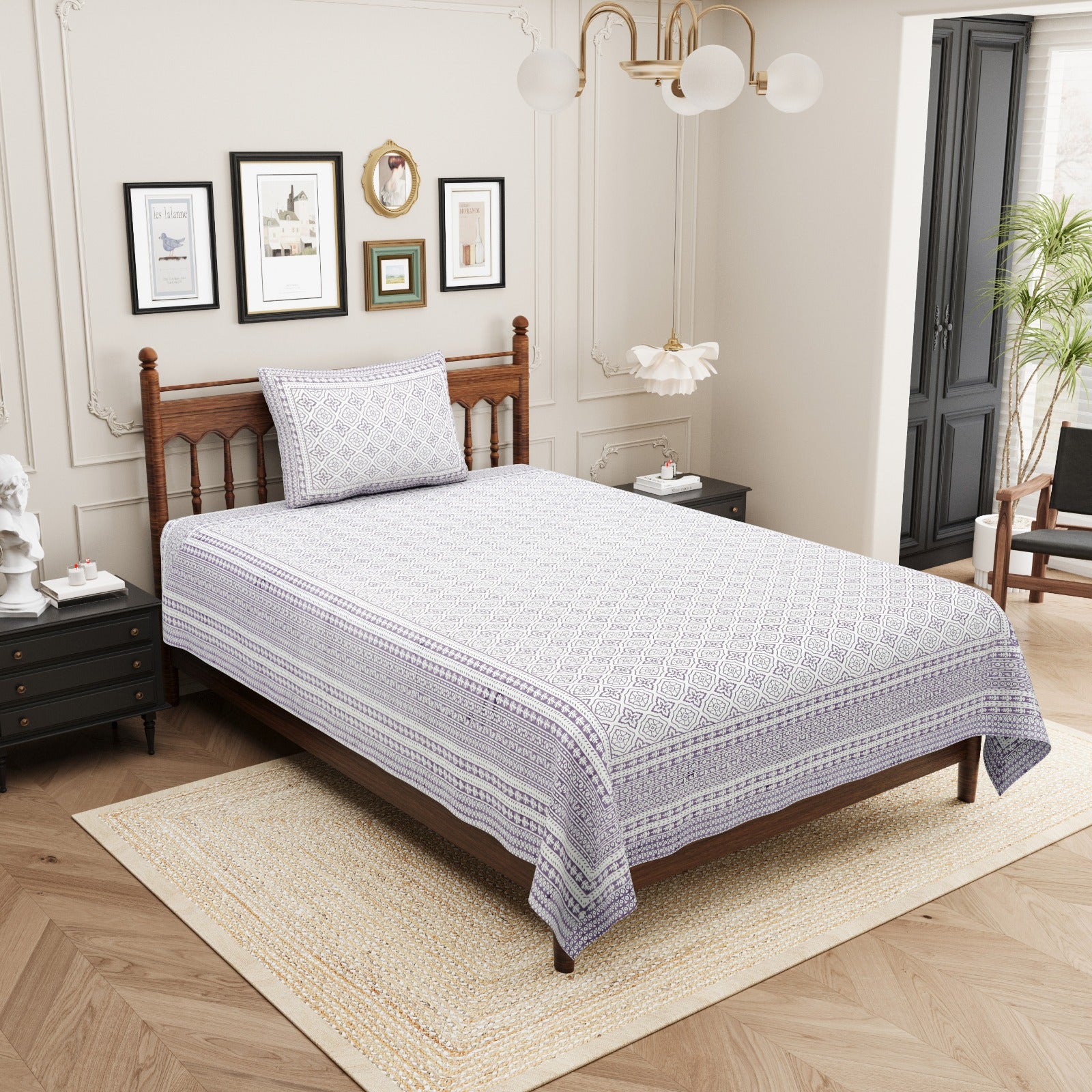 Pure cotton single bedsheet with 1 pillow cover pairs (set of 2)