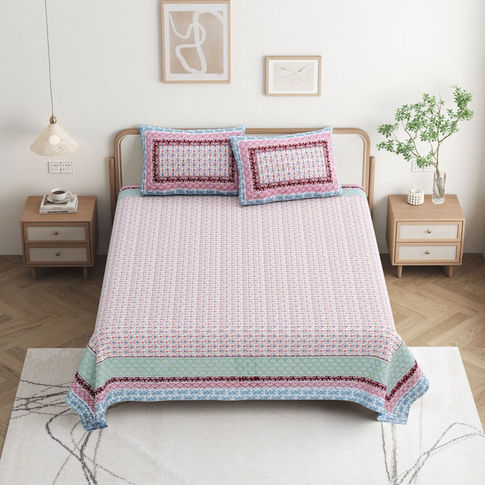 Pure cotton queen size bedsheet with two pillow covers (90x108 inches)