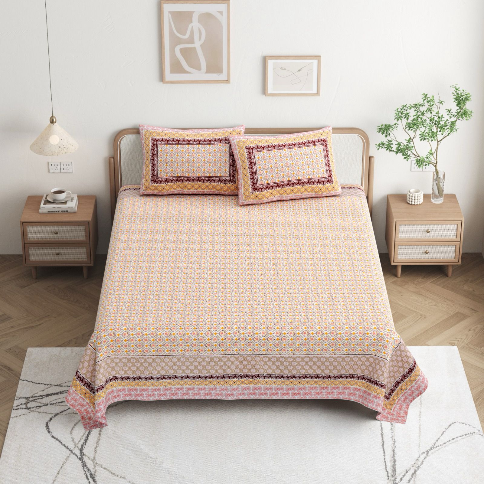 Pure cotton queen size bedsheet with two pillow covers (90x108 inches)