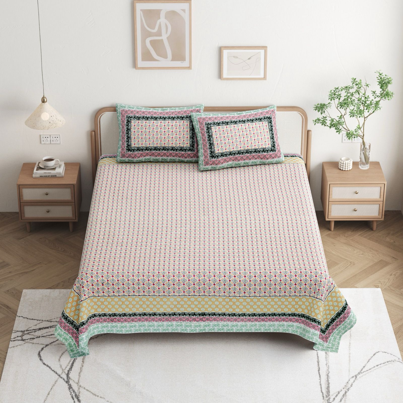 Pure cotton queen size bedsheet with two pillow covers (90x108 inches)