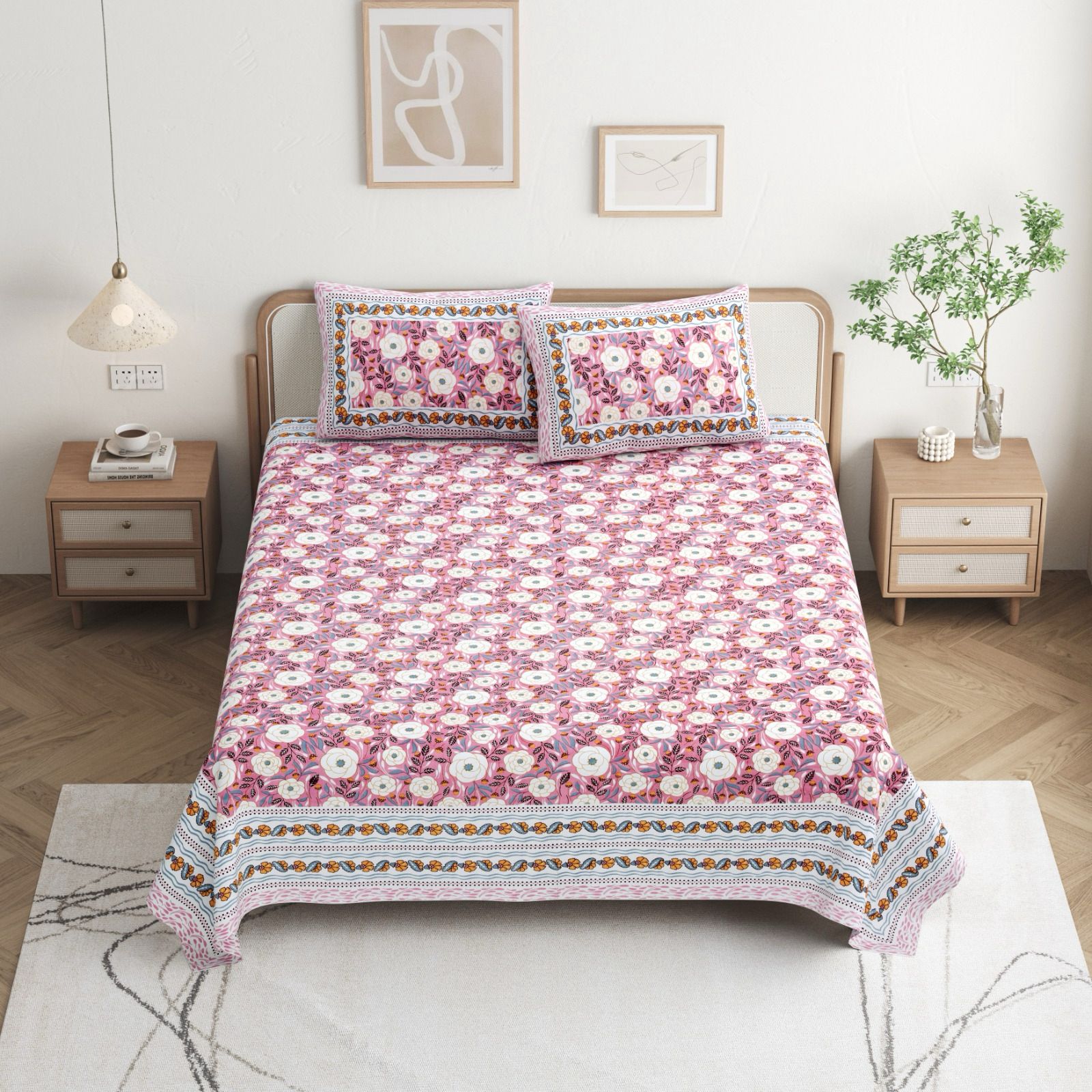 Pure cotton queen size bedsheet with two pillow covers (90x108 inches)