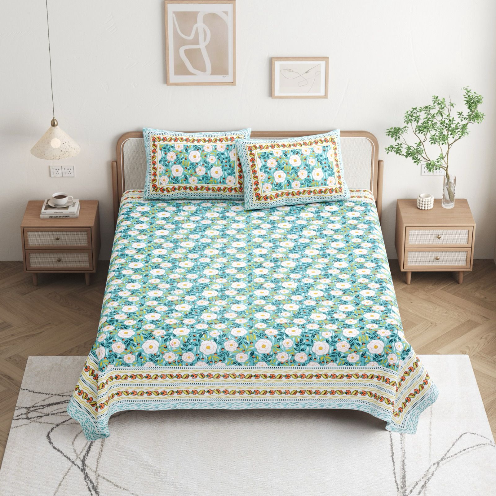 Pure cotton queen size bedsheet with two pillow covers (90x108 inches)