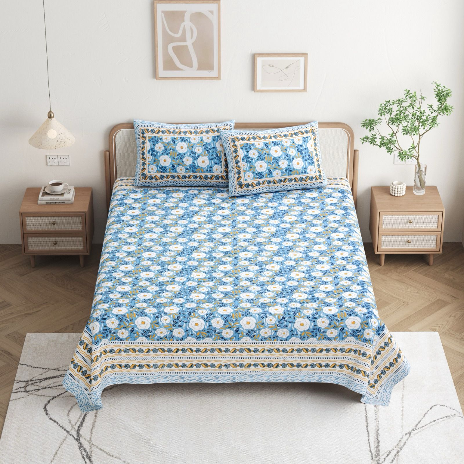 Pure cotton queen size bedsheet with two pillow covers (90x108 inches)