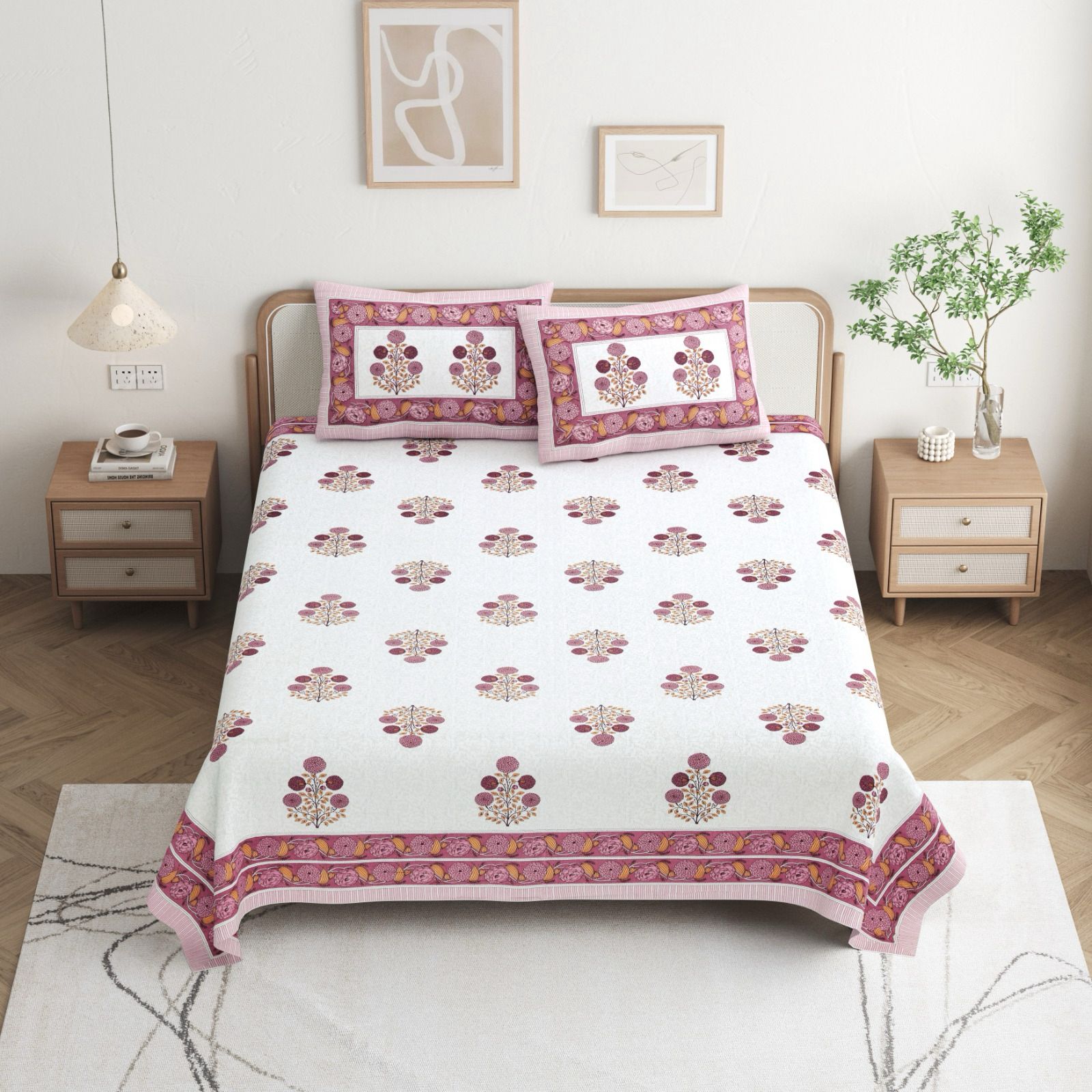 Pure cotton queen size bedsheet with two pillow covers (90x108 inches)