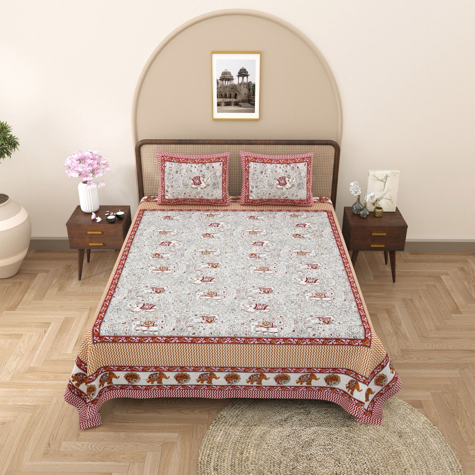 Pure cotton queen size bedsheet with two pillow covers (90x108 inches)