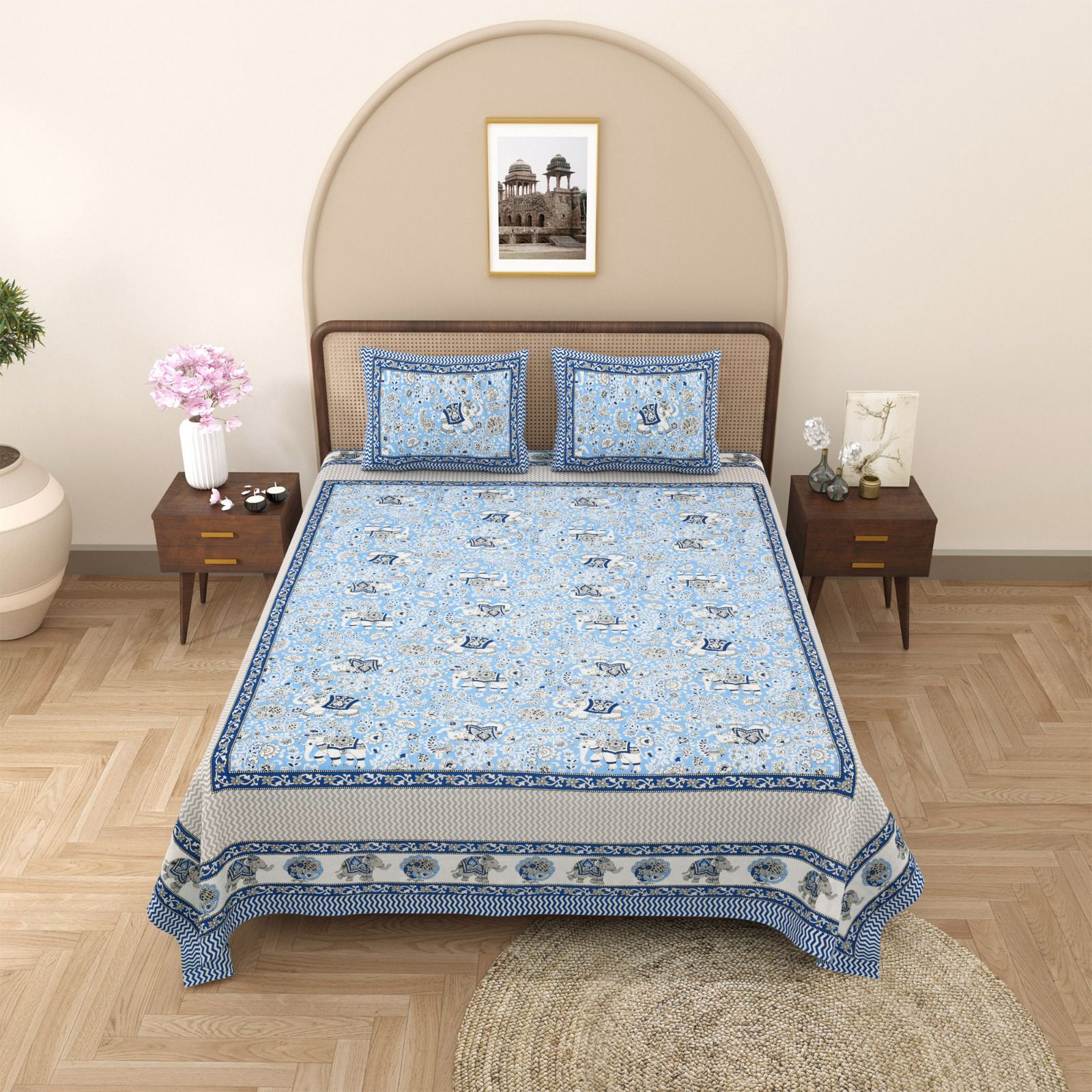 Pure cotton queen size bedsheet with two pillow covers (90x108 inches)