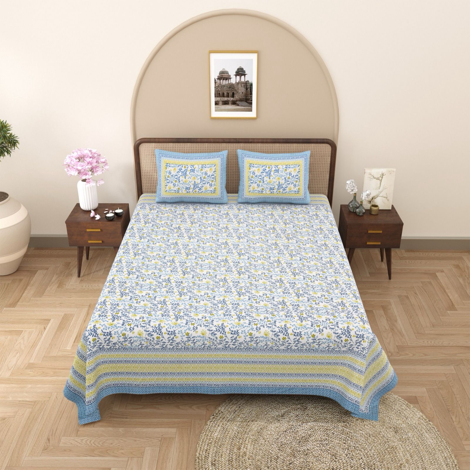 Pure cotton queen size bedsheet with two pillow covers (90x108 inches)