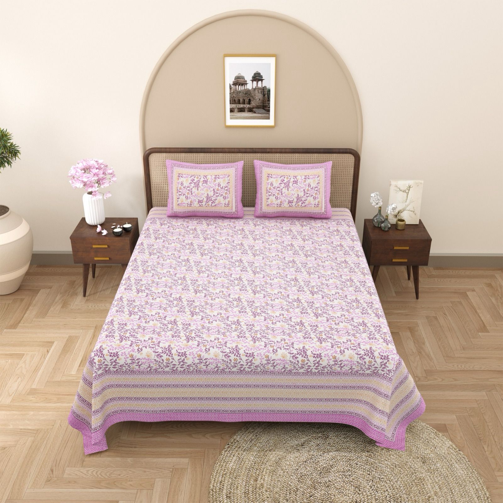 Pure cotton queen size bedsheet with two pillow covers (90x108 inches)