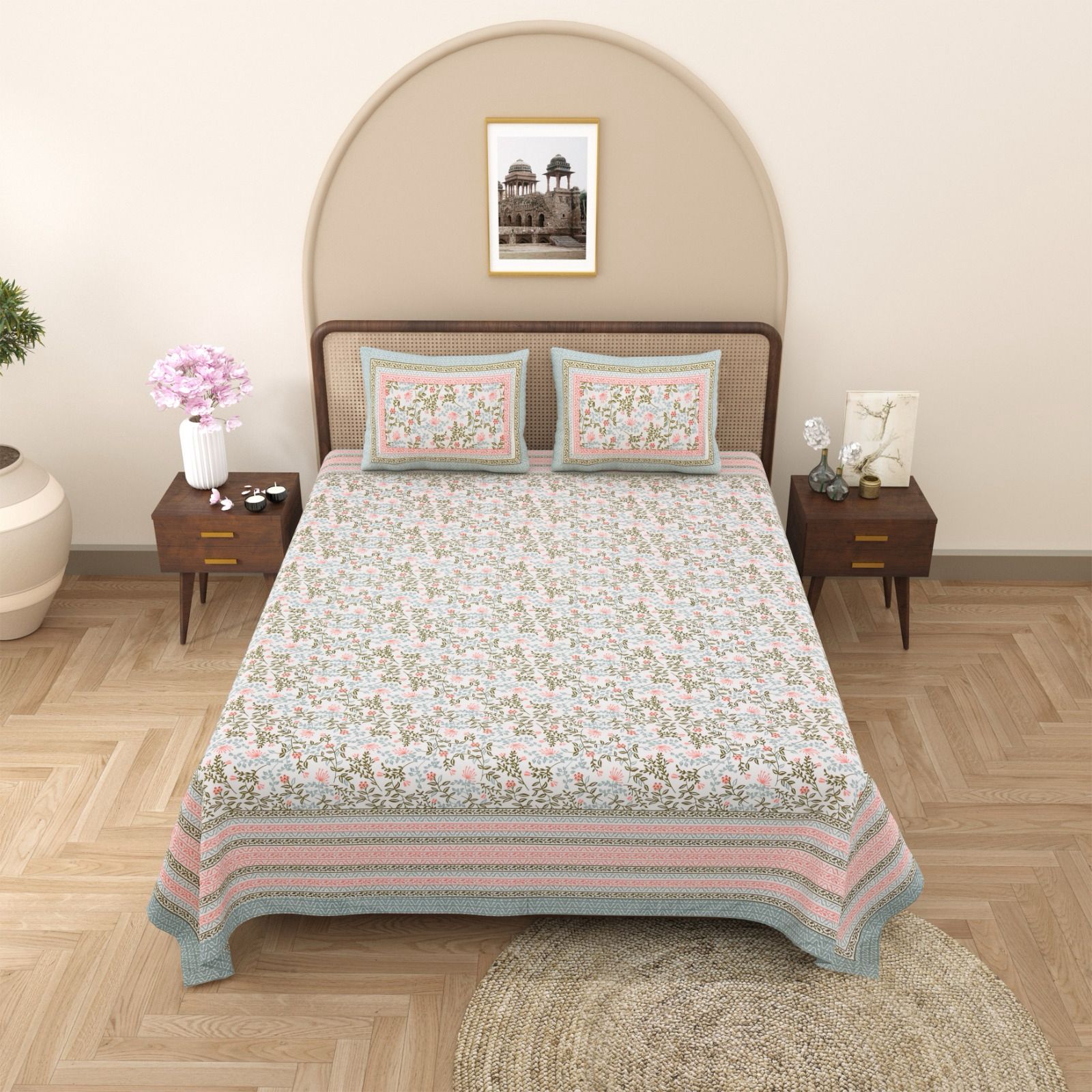 Pure cotton queen size bedsheet with two pillow covers (90x108 inches)
