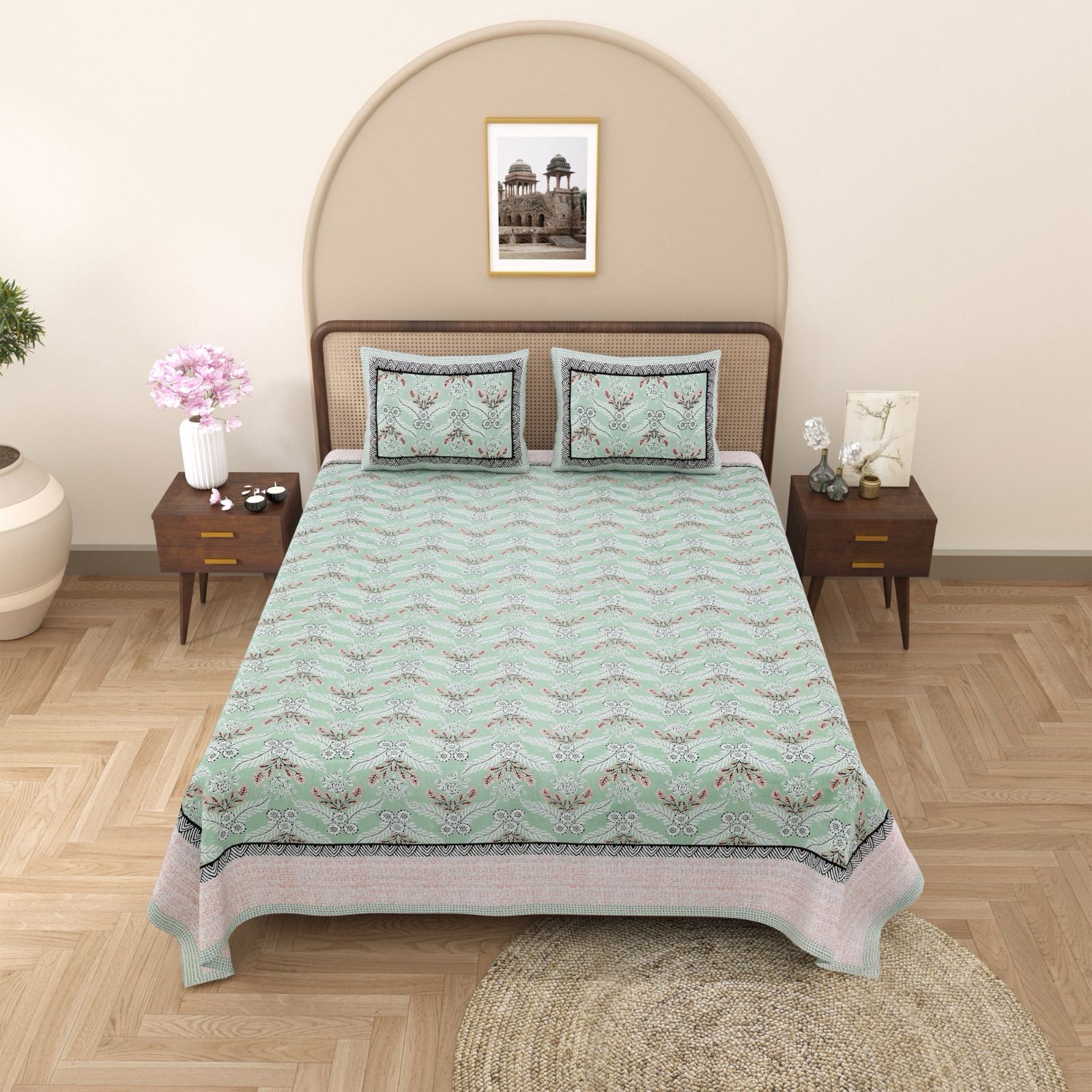 Pure cotton queen size bedsheet with two pillow covers (90x108 inches)