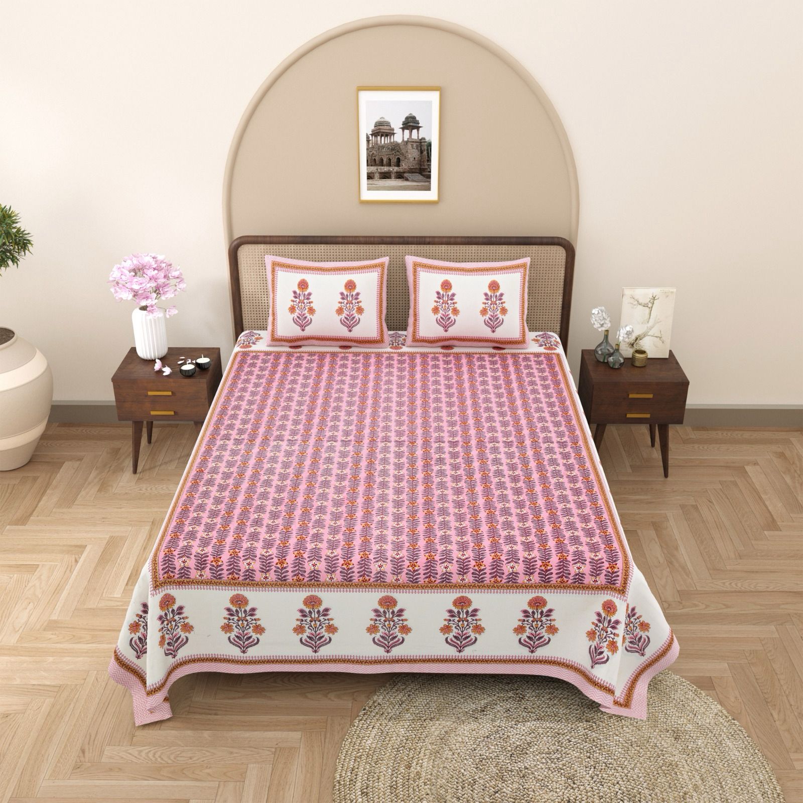 Pure cotton queen size bedsheet with two pillow covers (90x108 inches)