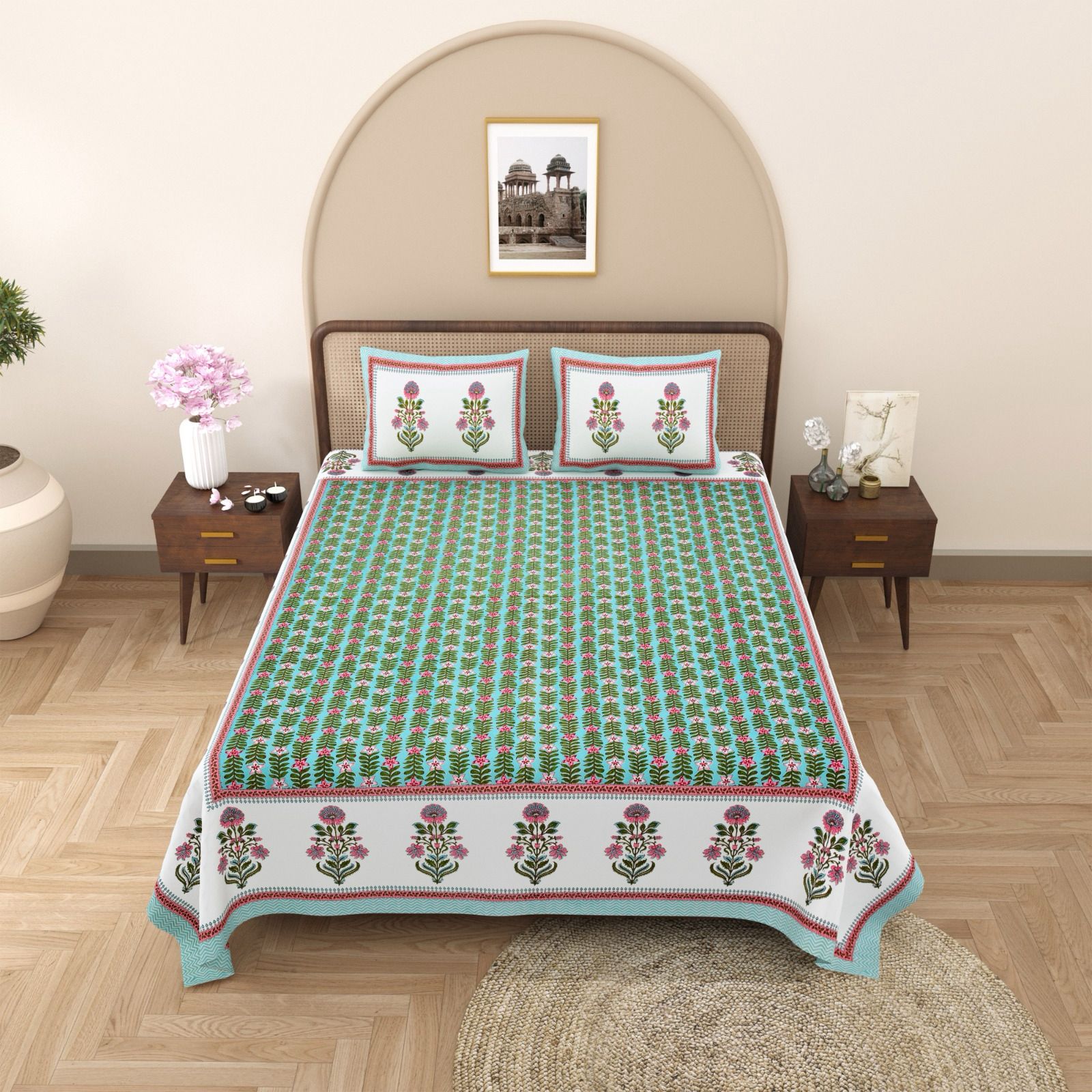 Pure cotton queen size bedsheet with two pillow covers (90x108 inches)