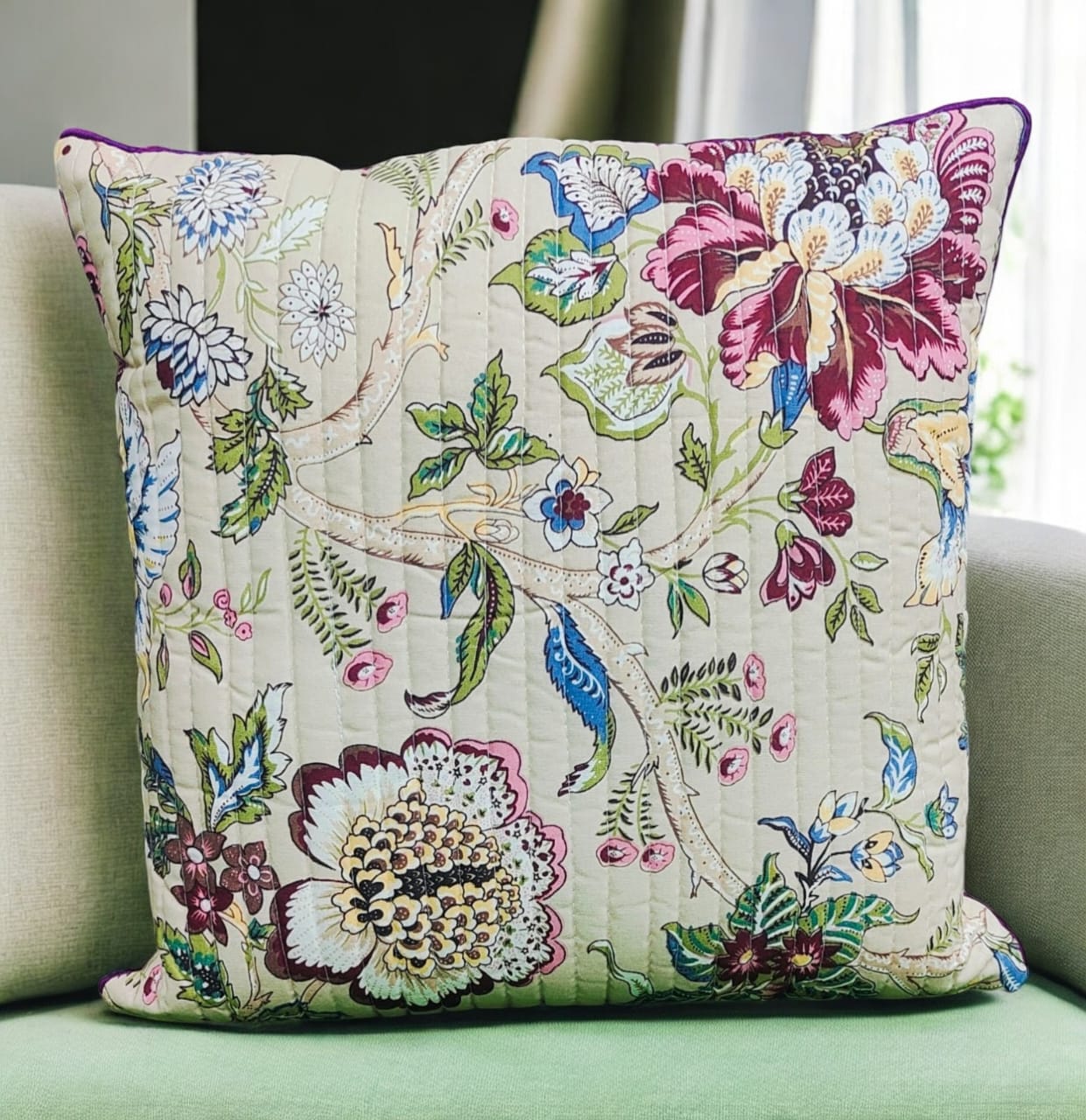 Pure cotton printed quilted cushion covers 16x16 inches/ 40x40 cms (Set of 5)