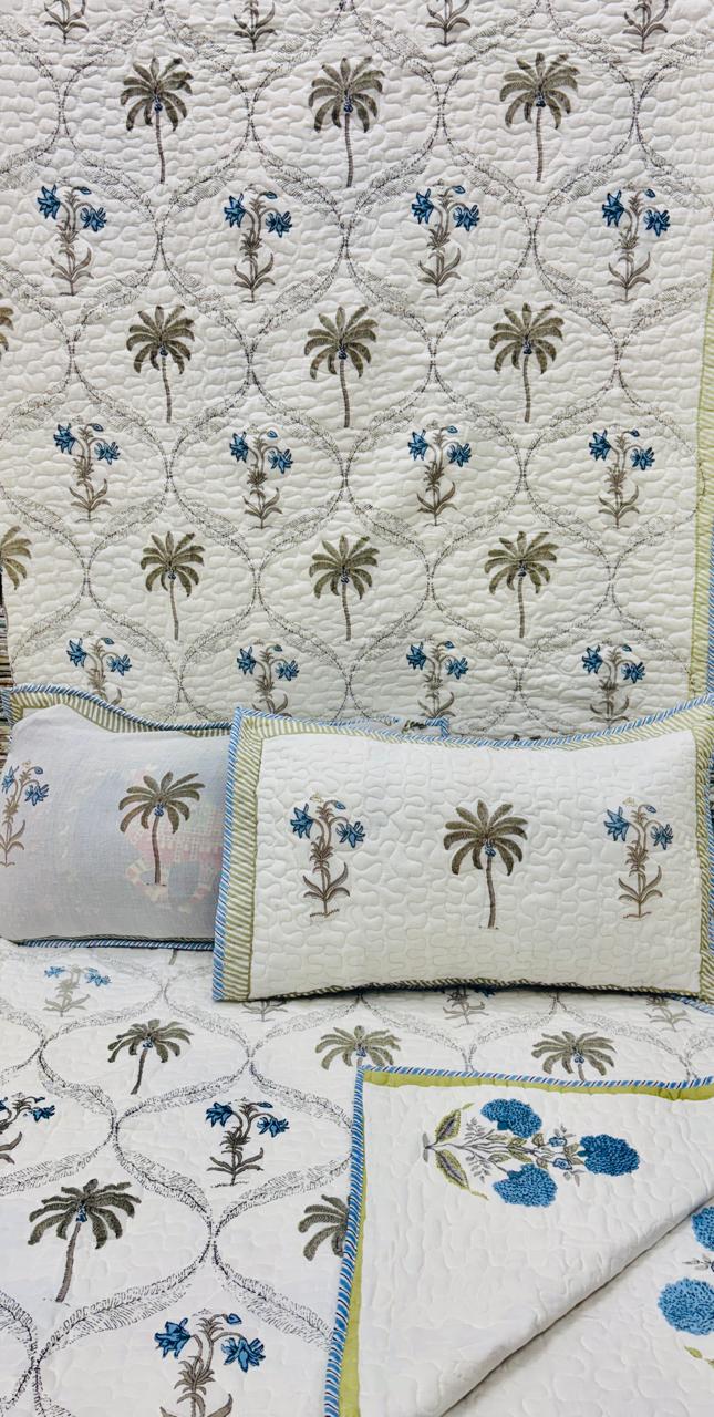 Pure mulmul cotton paani jaal quilted reversible double bedcovers with 2 quilted pillow covers (90x108 inches)