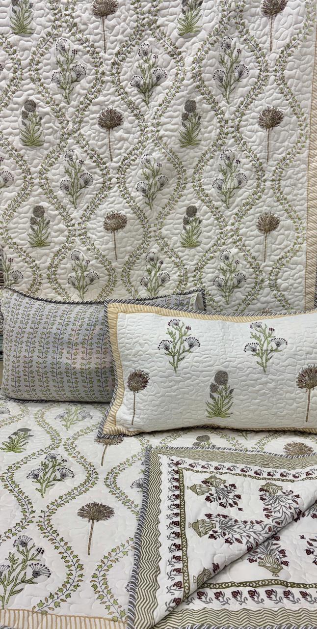 Pure mulmul cotton paani jaal quilted reversible double bedcovers with 2 quilted pillow covers (90x108 inches)