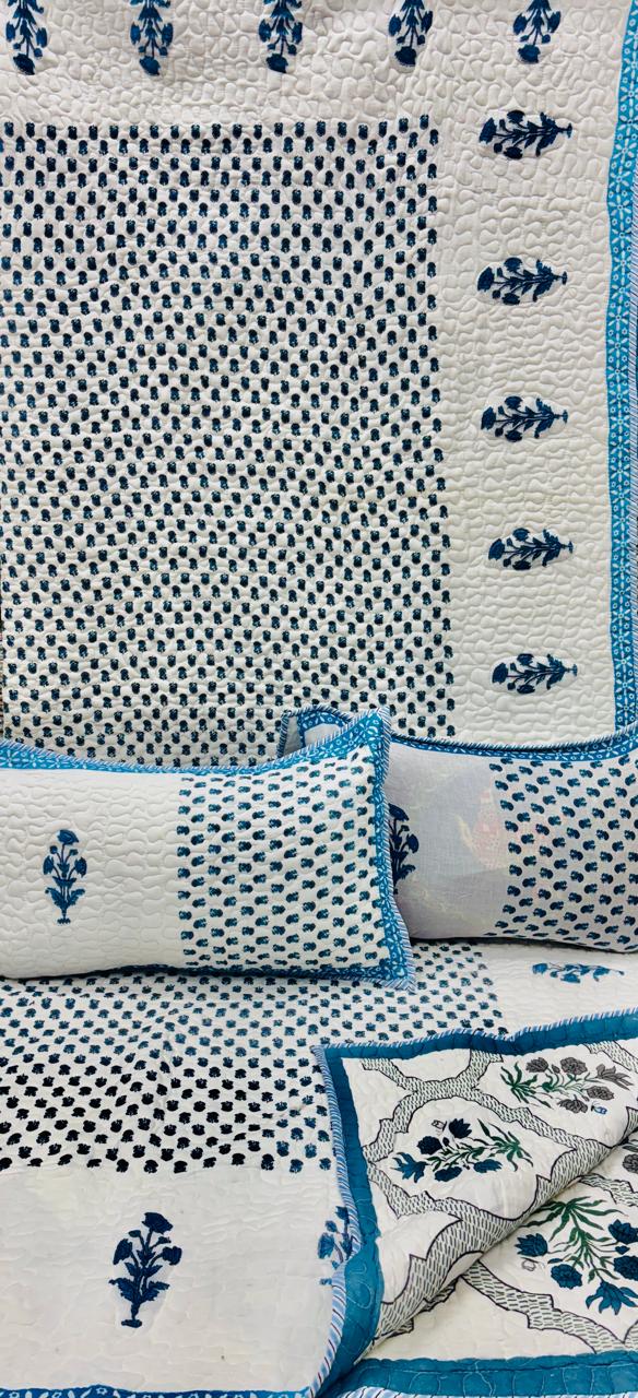 Pure mulmul cotton paani jaal quilted reversible double bedcovers with 2 quilted pillow covers (90x108 inches)