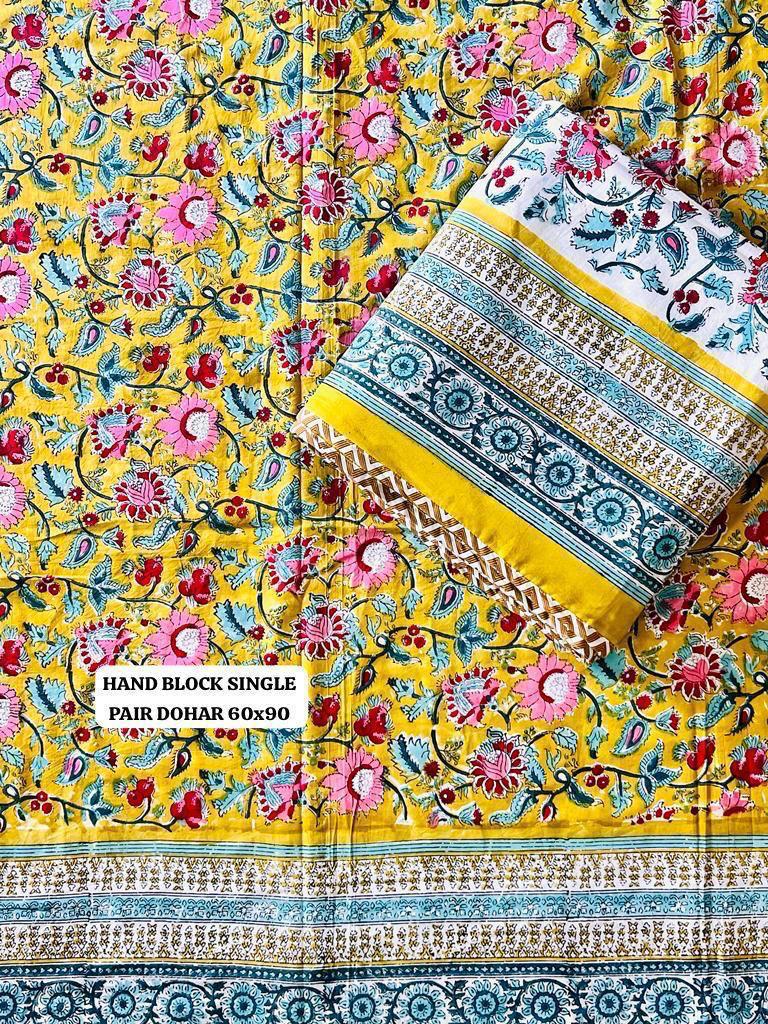 Pure mulmul cotton hand block printed single dohars (Set of 2)