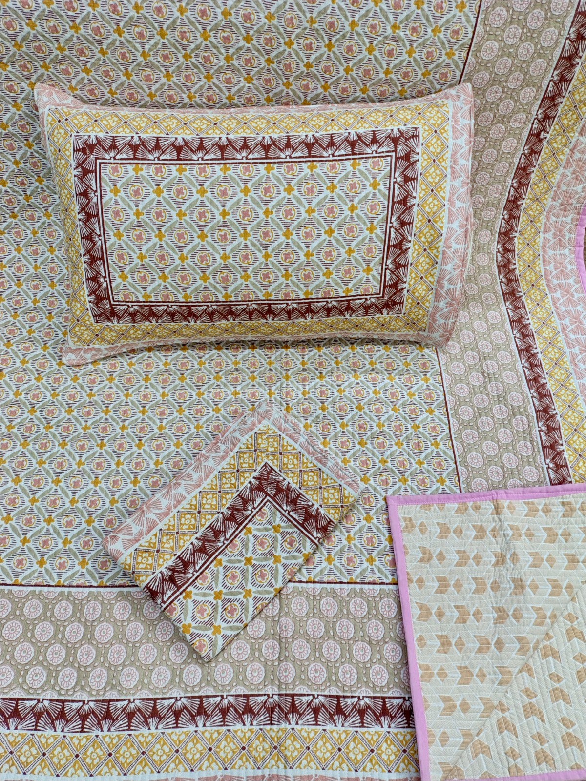 Pure cotton straight line quilted bedcovers with two quilted pillow covers (90x108 inches)