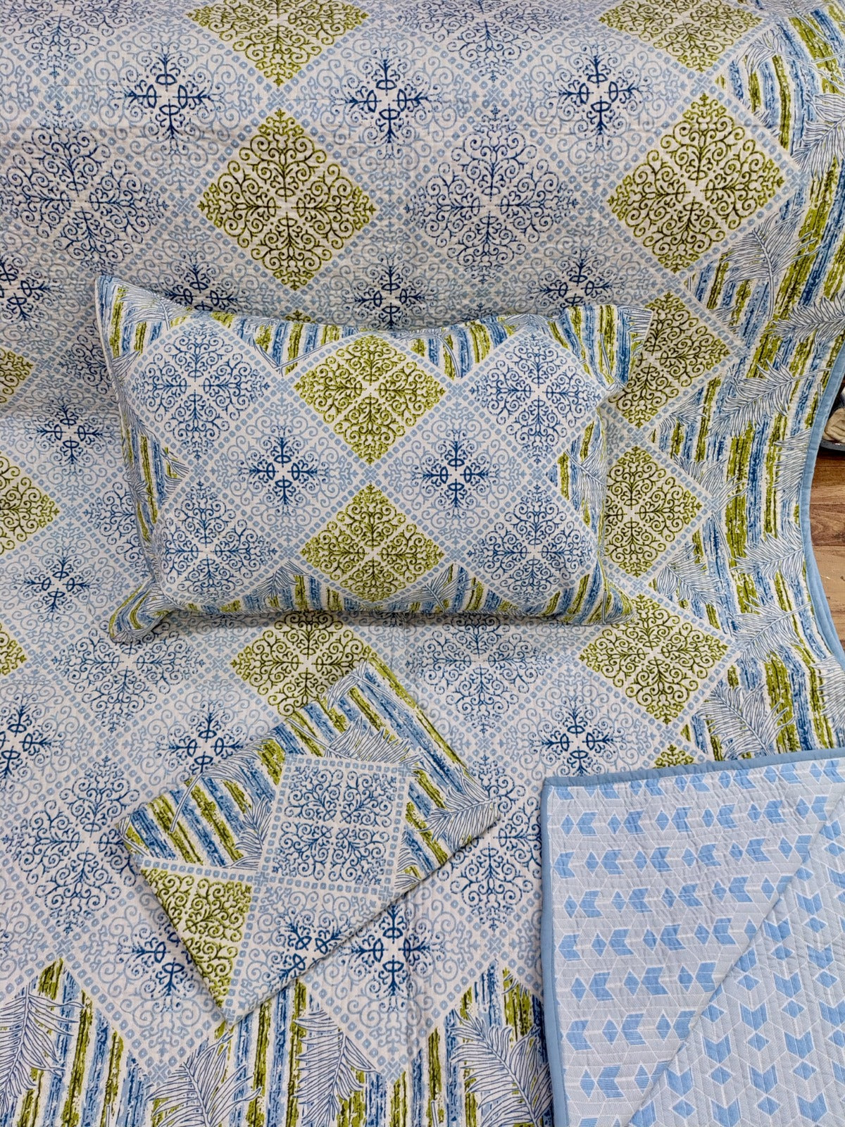 Pure cotton straight line quilted bedcovers with two quilted pillow covers (90x108 inches)