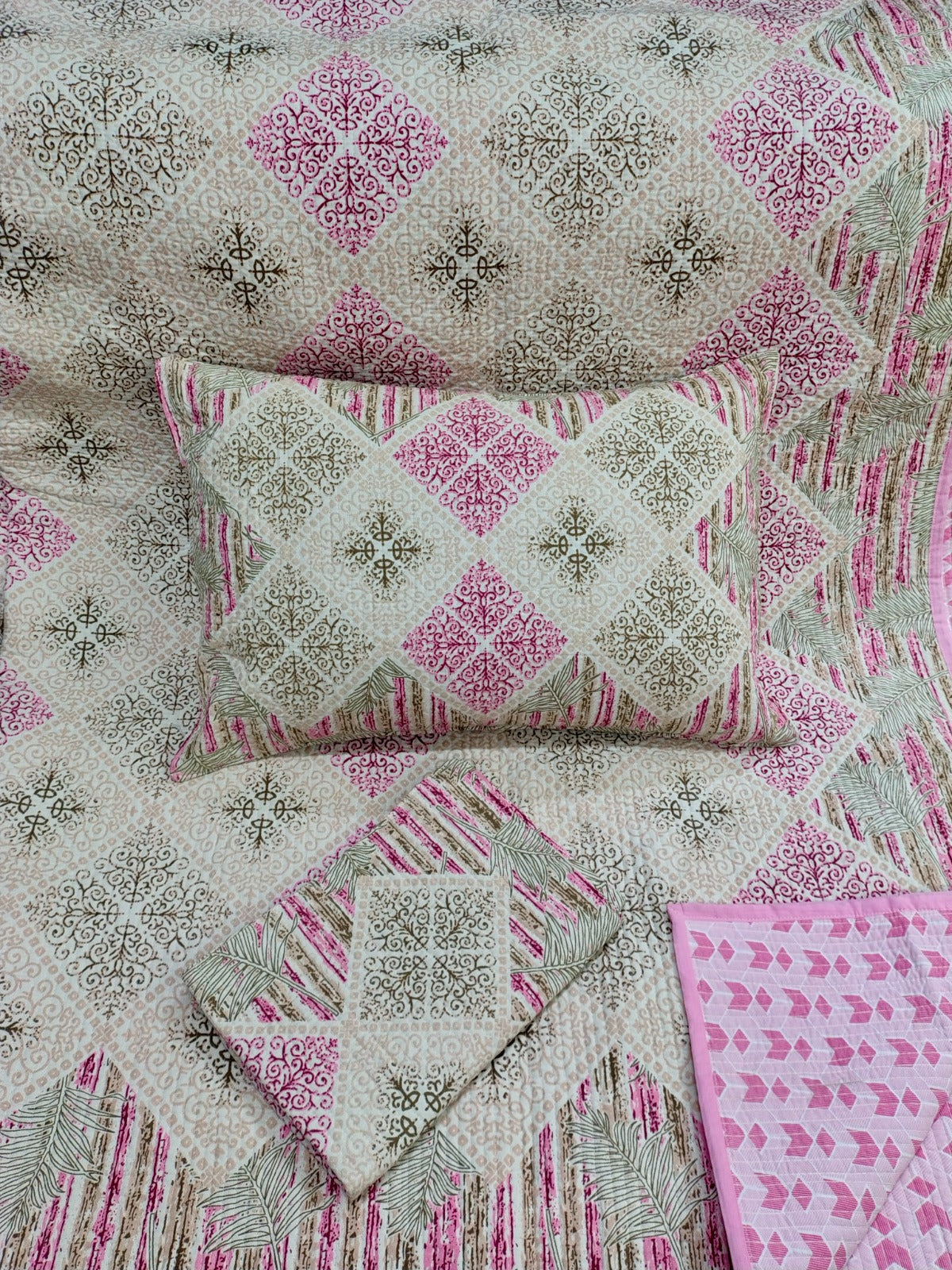 Pure cotton straight line quilted bedcovers with two quilted pillow covers (90x108 inches)