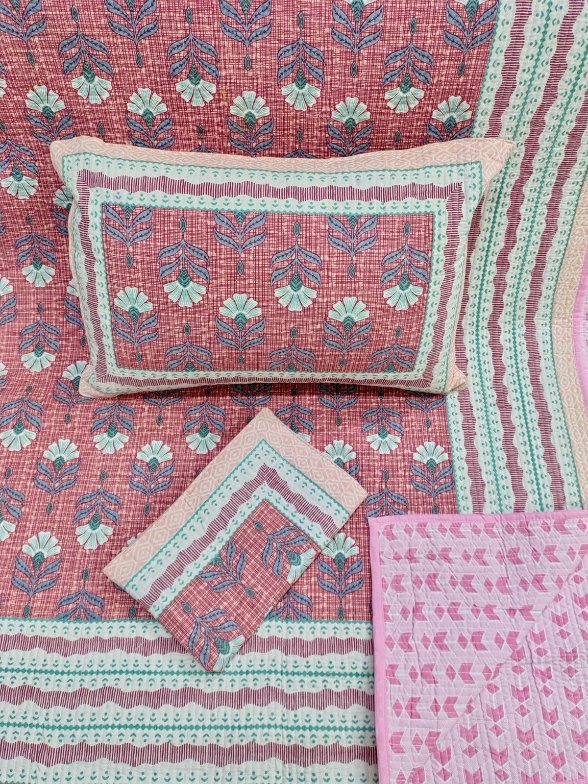 Pure cotton straight line quilted bedcovers with two quilted pillow covers (90x108 inches)