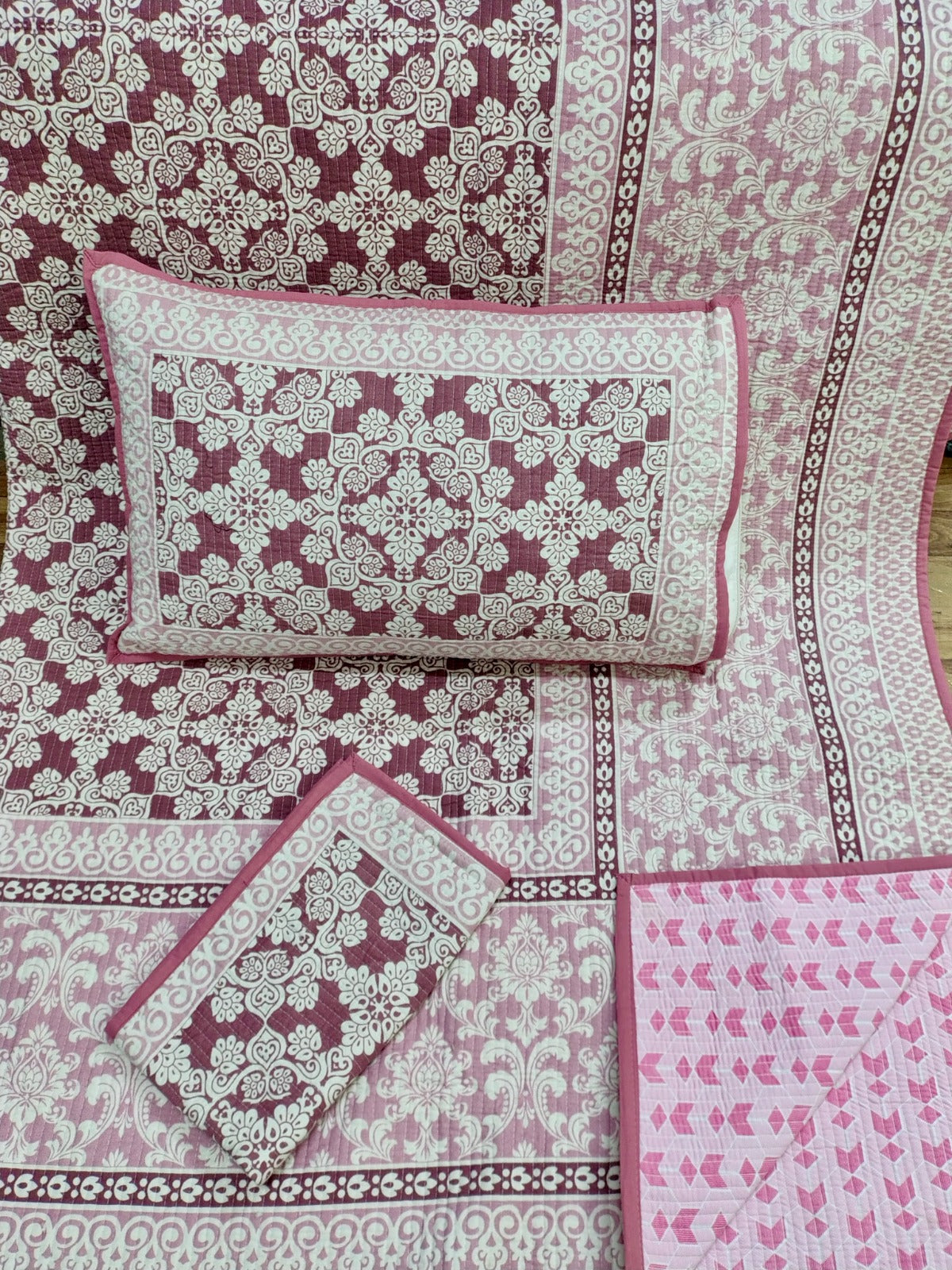 Pure cotton straight line quilted bedcovers with two quilted pillow covers (90x108 inches)