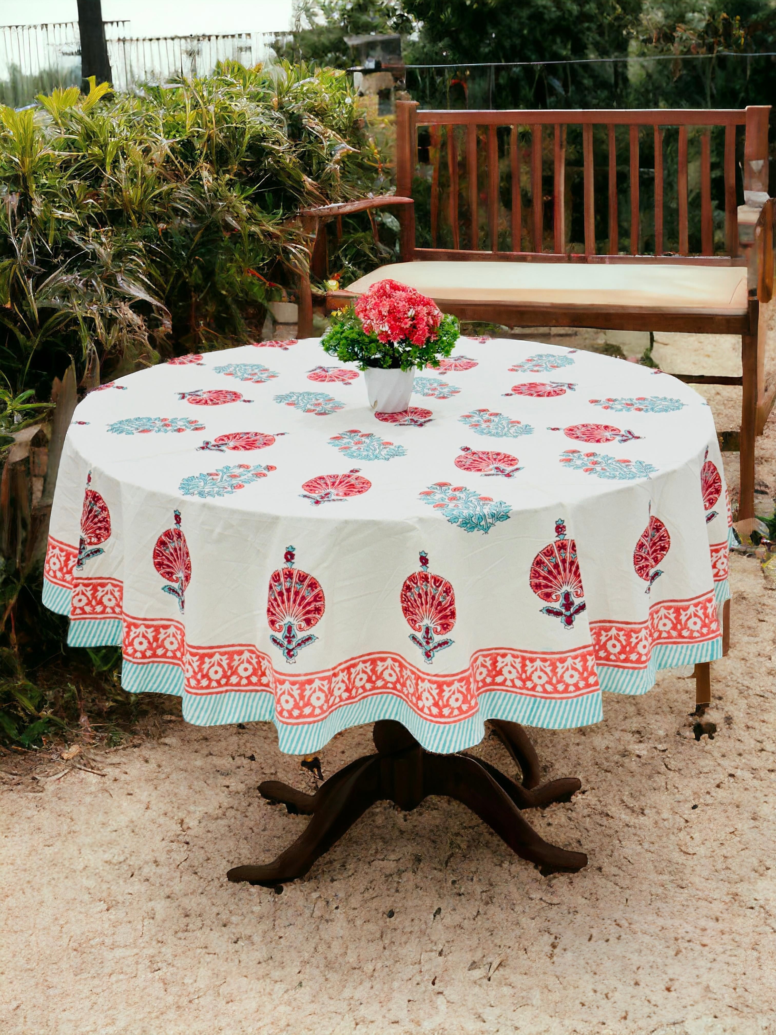 Pure cotton hand block printed round table covers for 6 seater dining tables (72 inches dia)