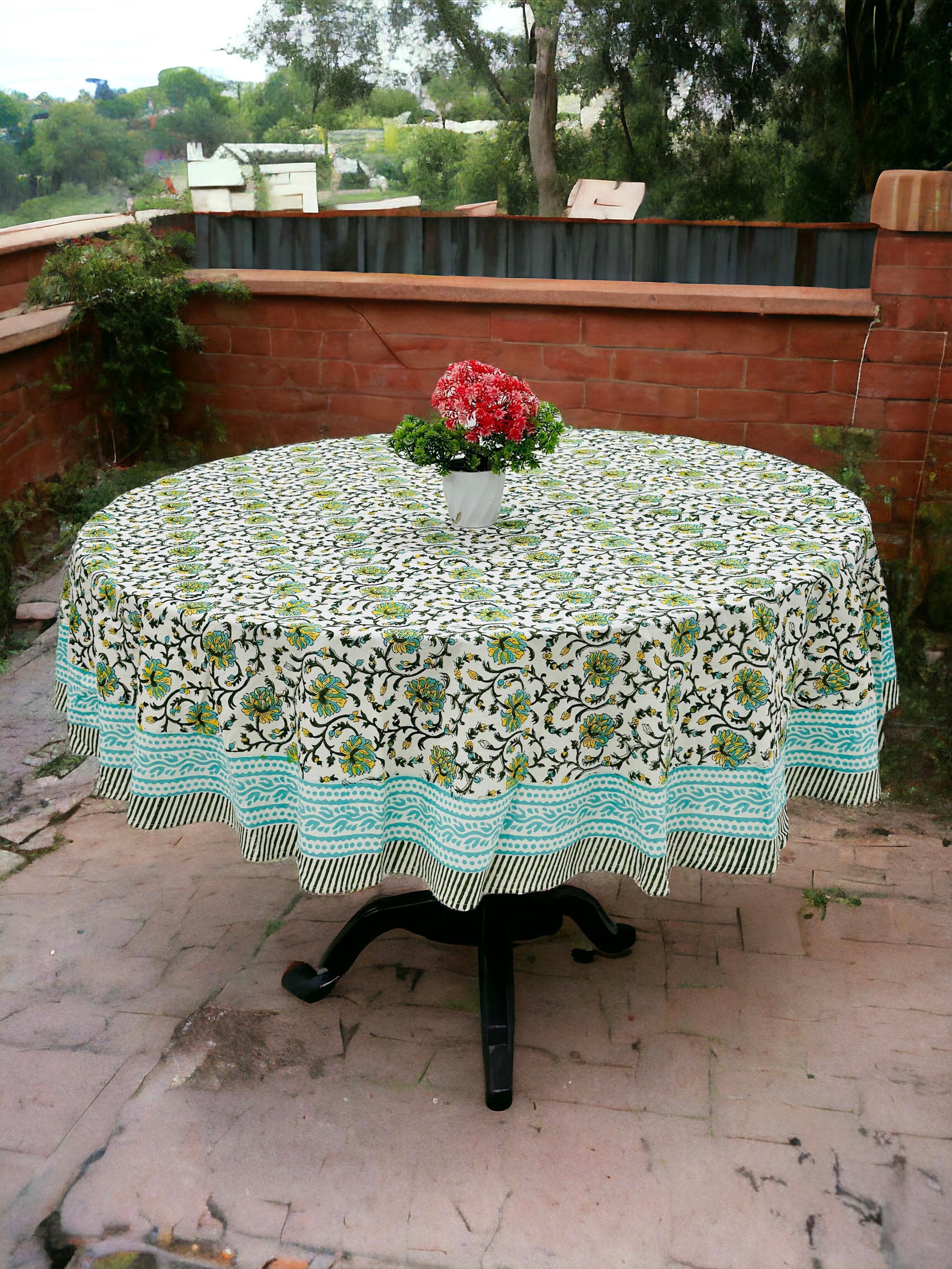 Pure cotton hand block printed round table covers for 6 seater dining tables (72 inches dia)