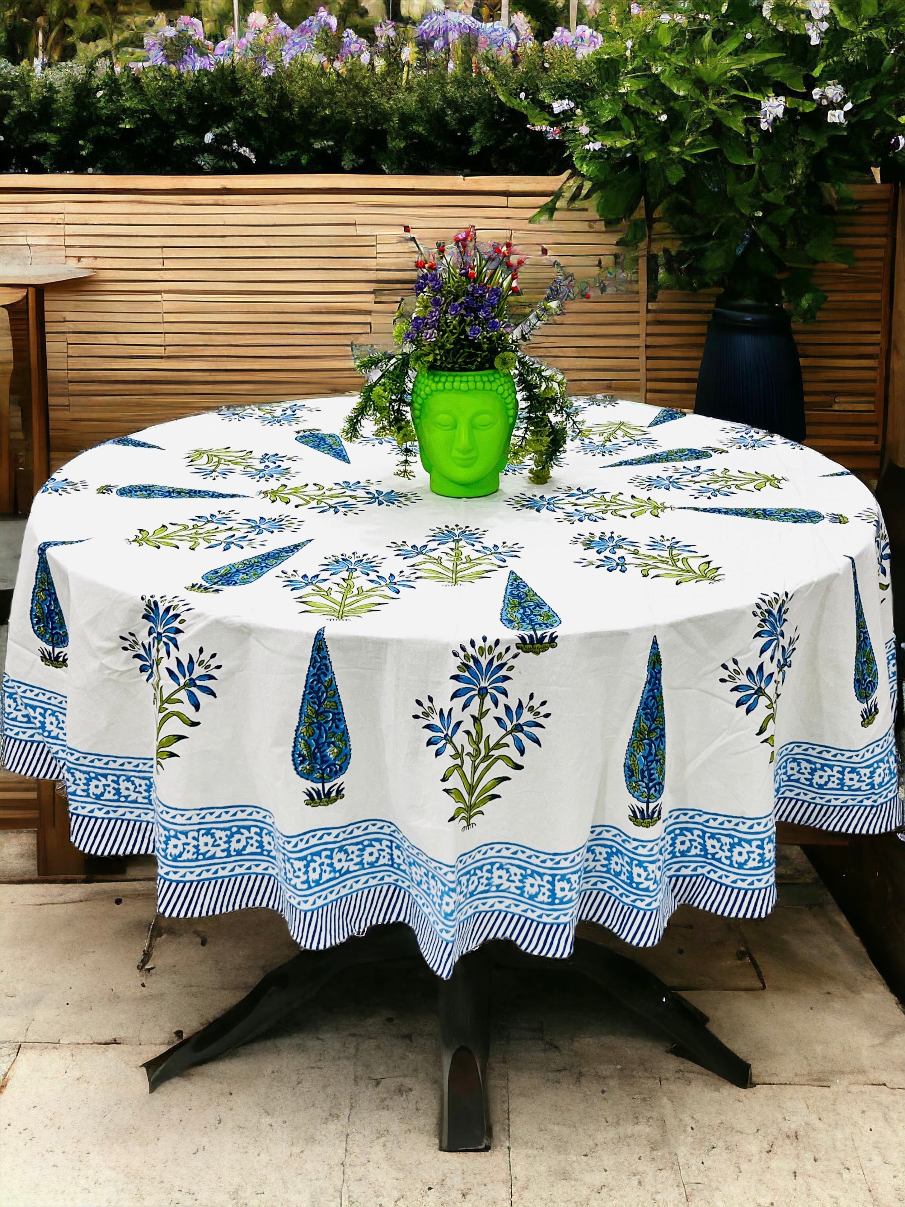 Pure cotton hand block printed round table covers for 6 seater dining tables (72 inches dia)