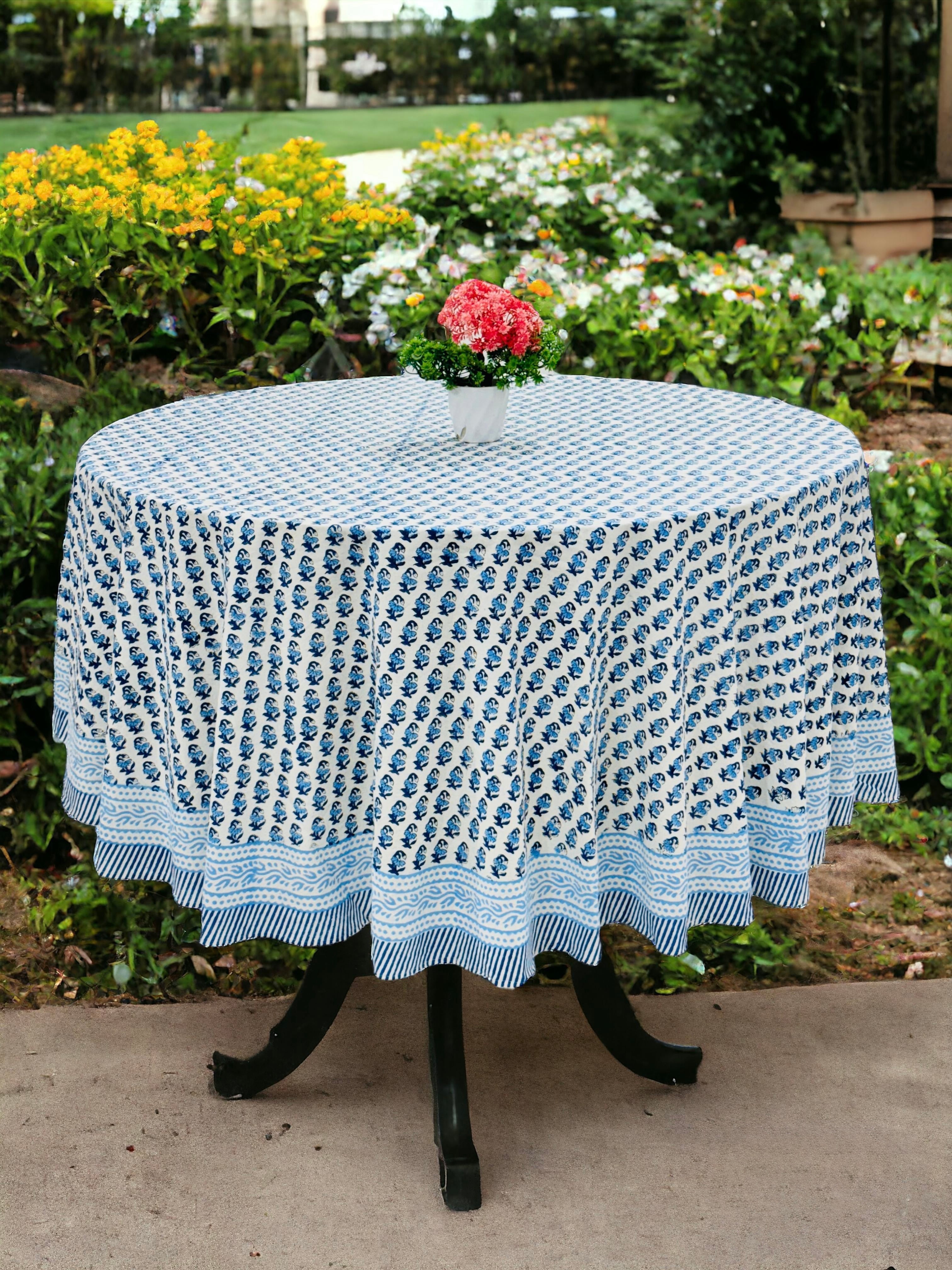 Pure cotton hand block printed round table covers for 6 seater dining tables (72 inches dia)
