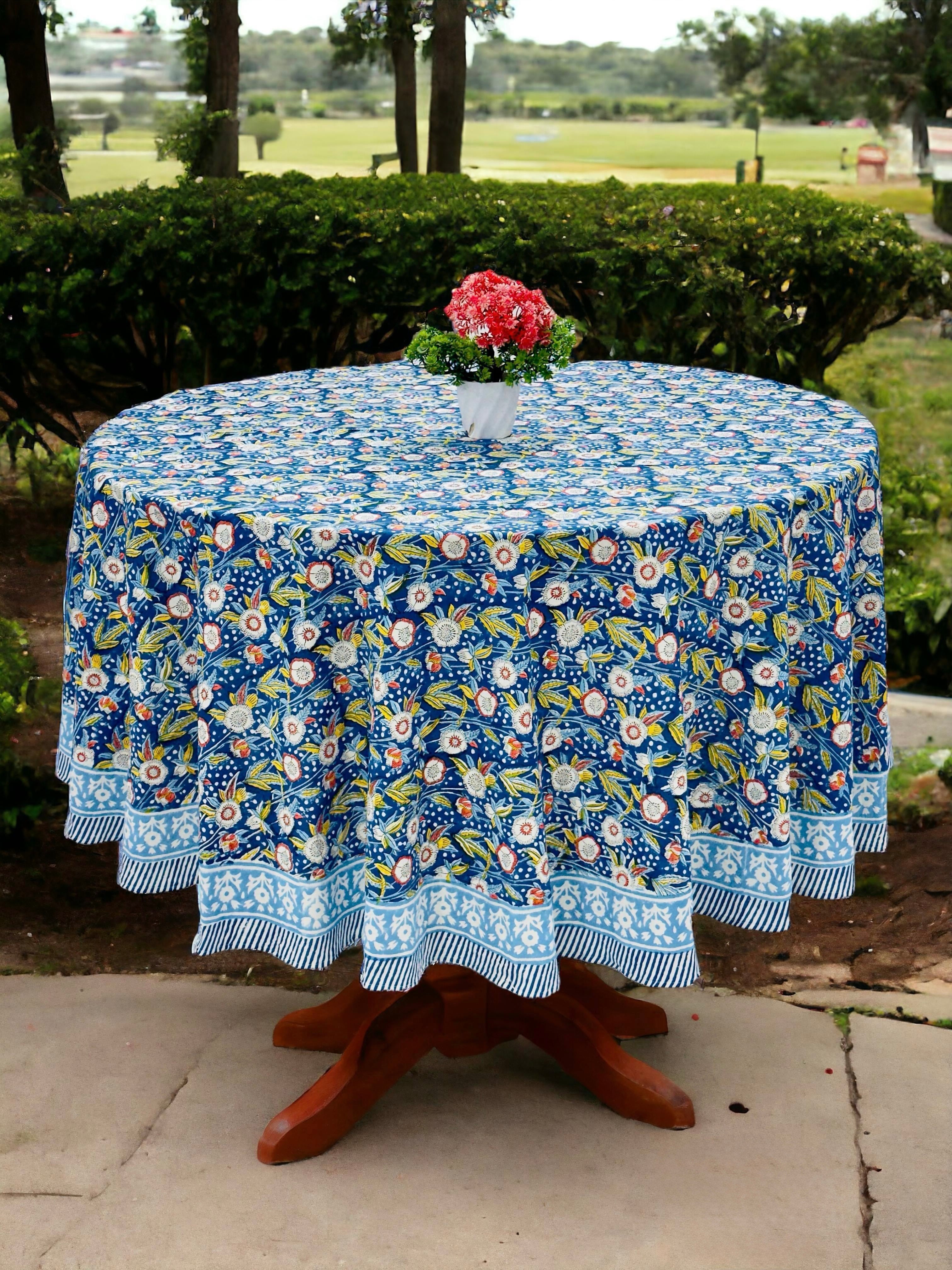Pure cotton hand block printed round table covers for 6 seater dining tables (72 inches dia)