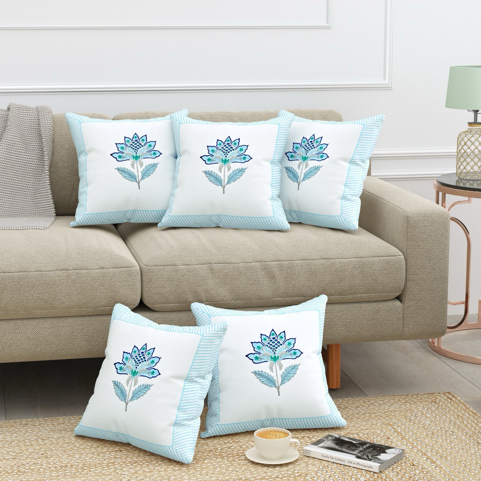 Pure cotton heavy canvas hand-block printed cushion covers 16x16 inches (set of 5)