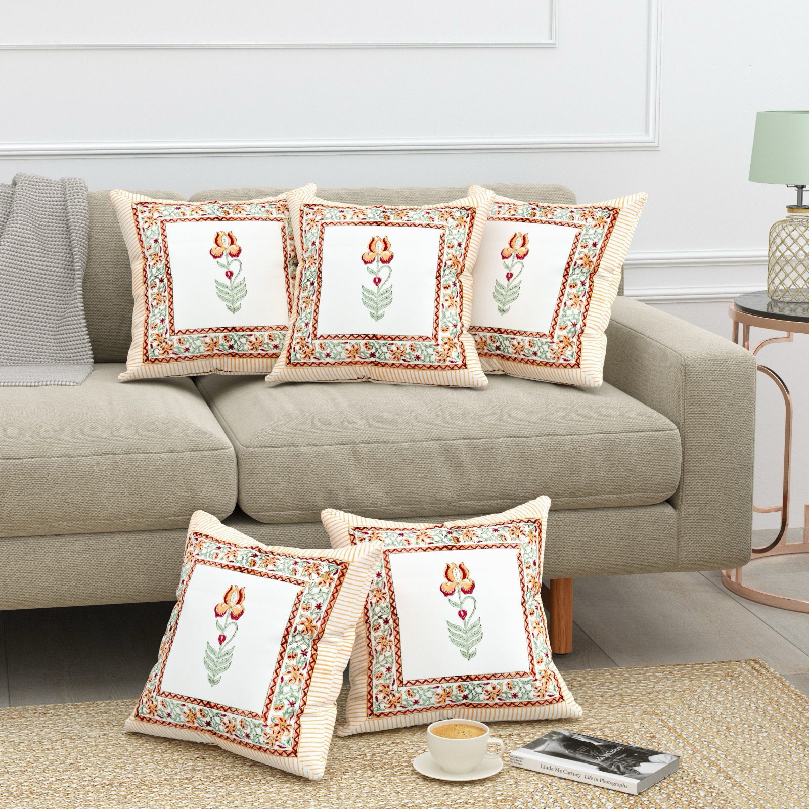 Pure cotton heavy canvas hand-block printed cushion covers 16x16 inches (set of 5)