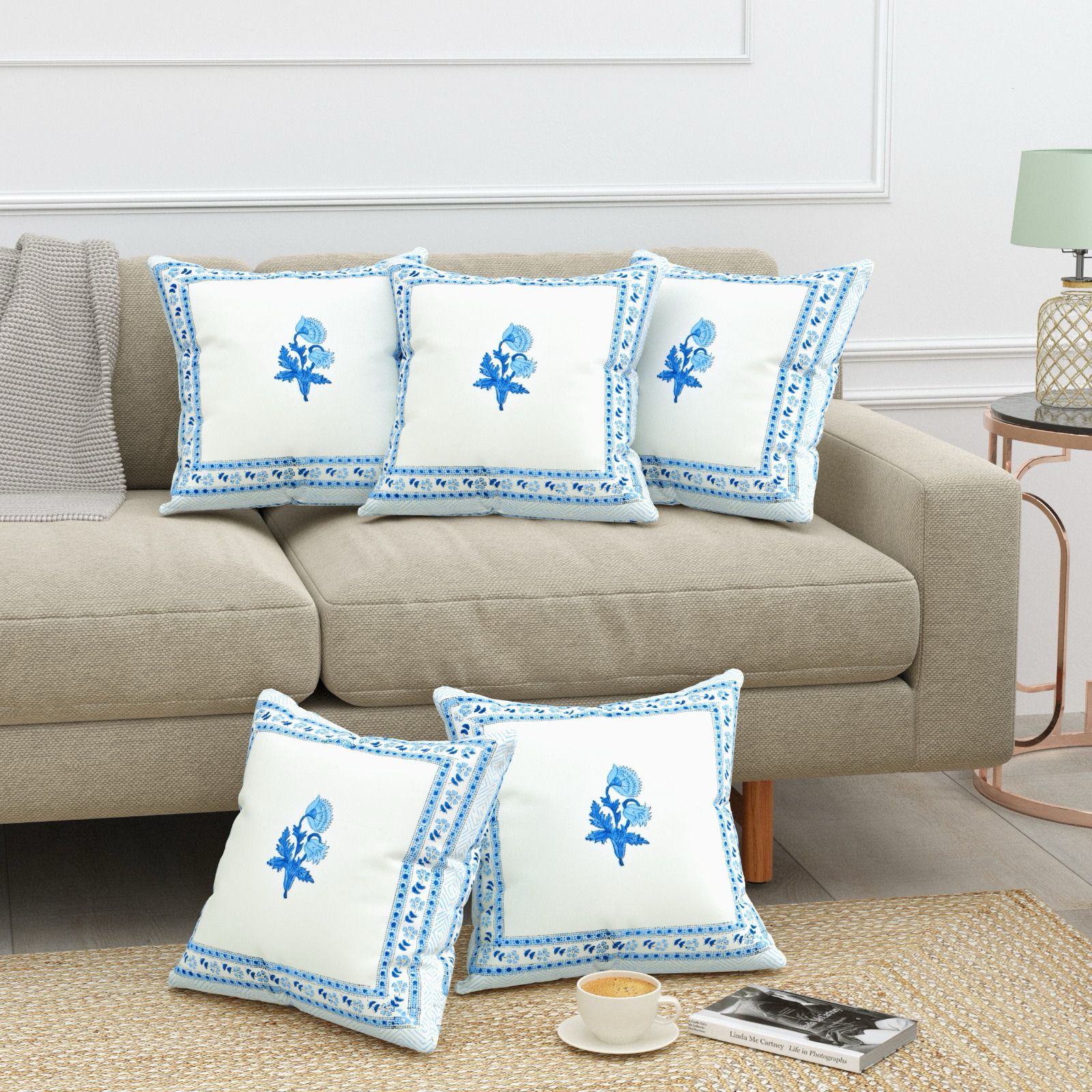 Pure cotton heavy canvas hand-block printed cushion covers 16x16 inches (set of 5)