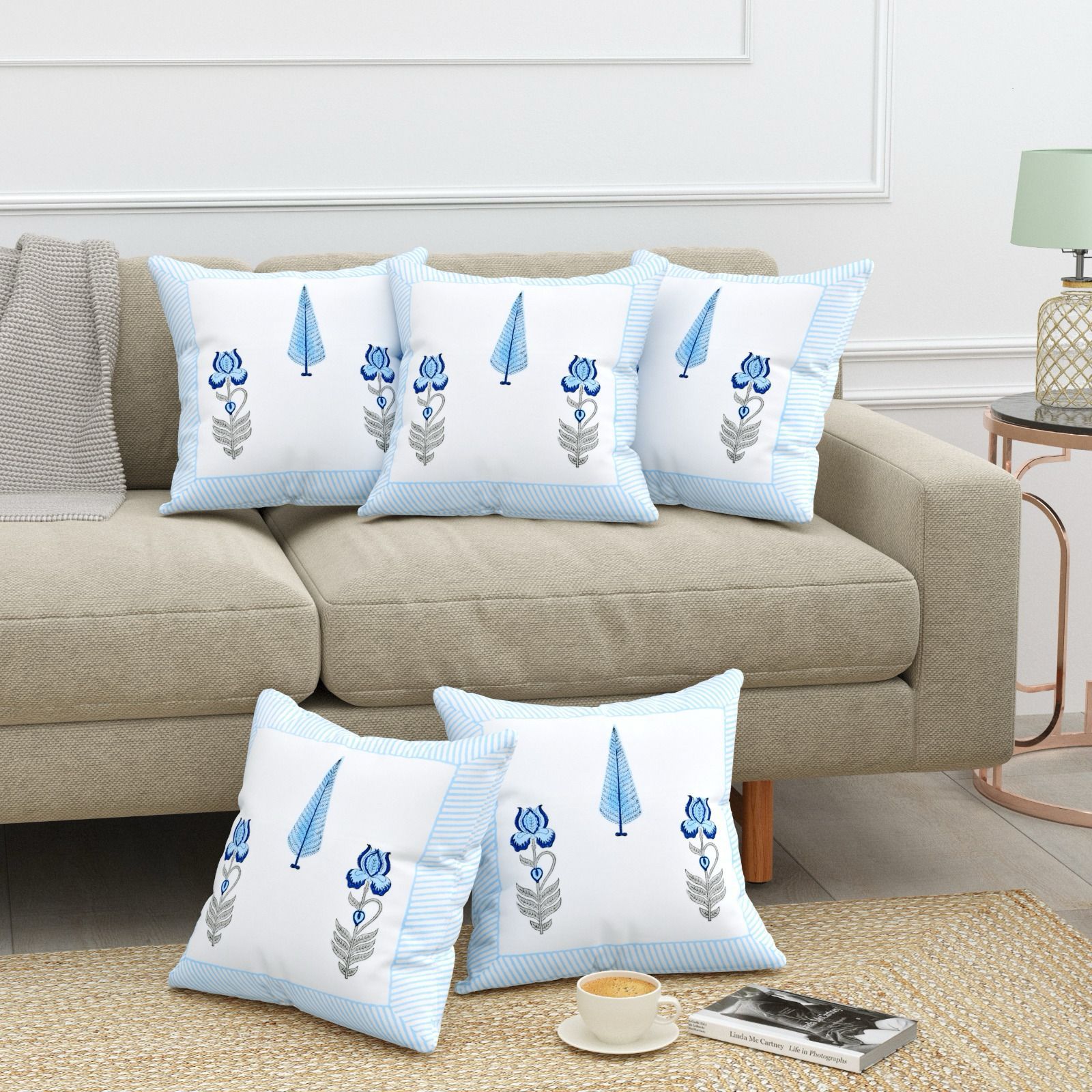 Pure cotton heavy canvas hand-block printed cushion covers 16x16 inches (set of 5)