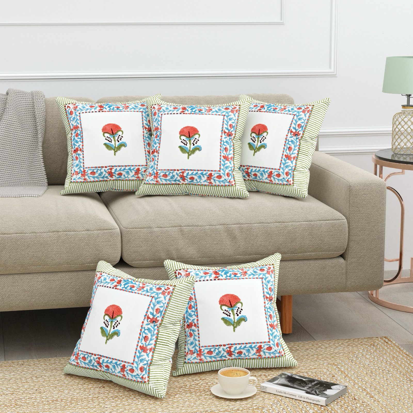 Pure cotton heavy canvas hand-block printed cushion covers 16x16 inches (set of 5)