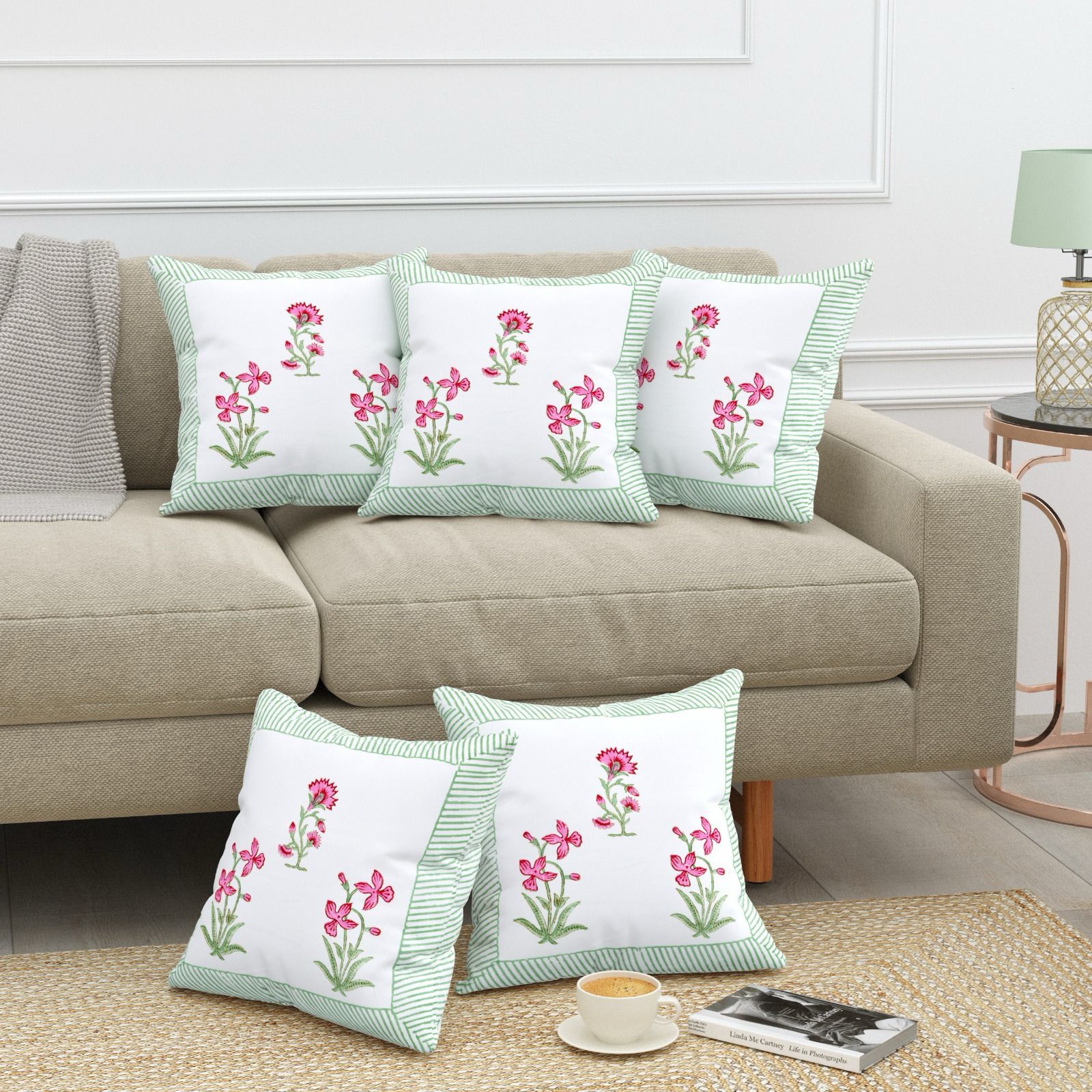 Pure cotton heavy canvas hand-block printed cushion covers 16x16 inches (set of 5)