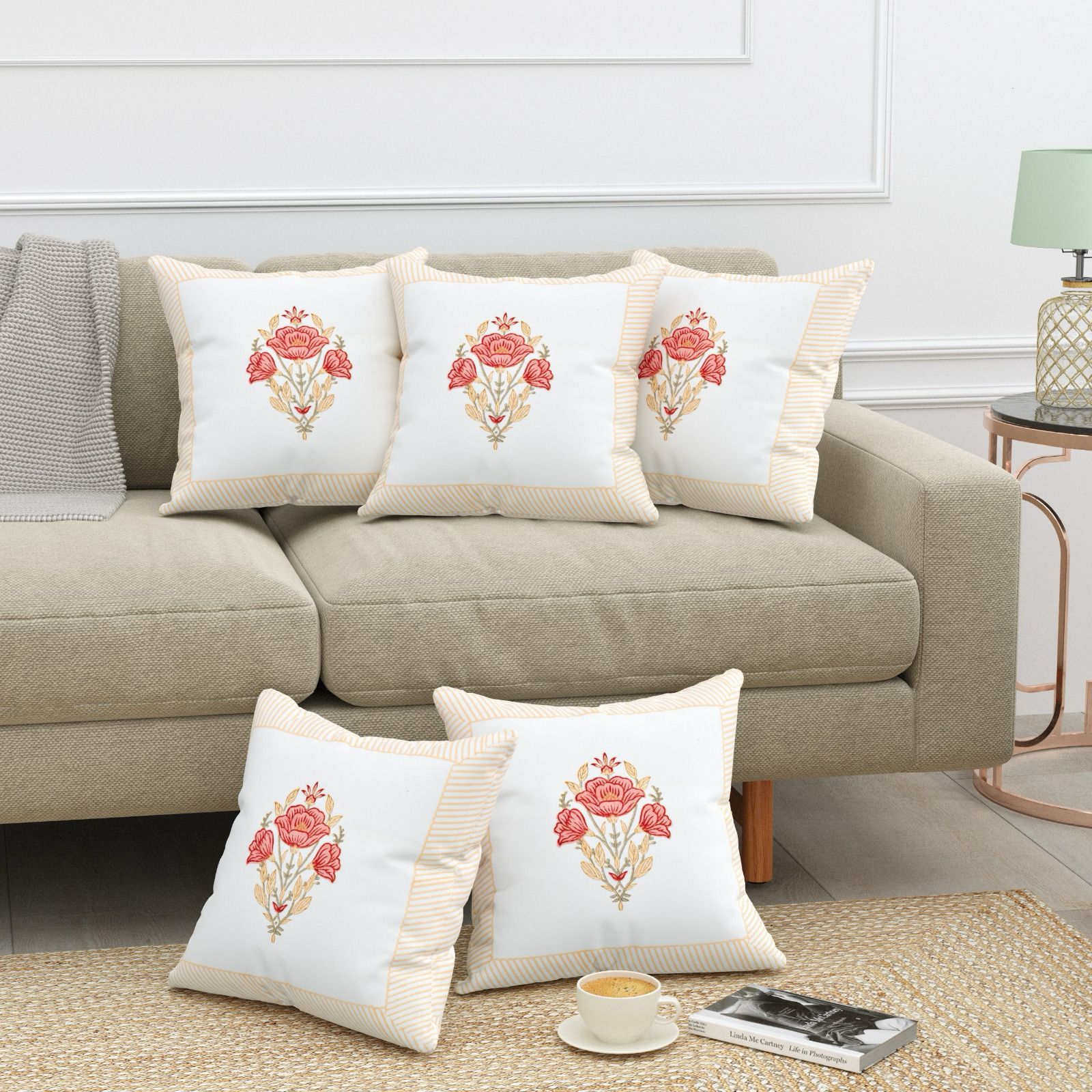 Pure cotton heavy canvas hand-block printed cushion covers 16x16 inches (set of 5)