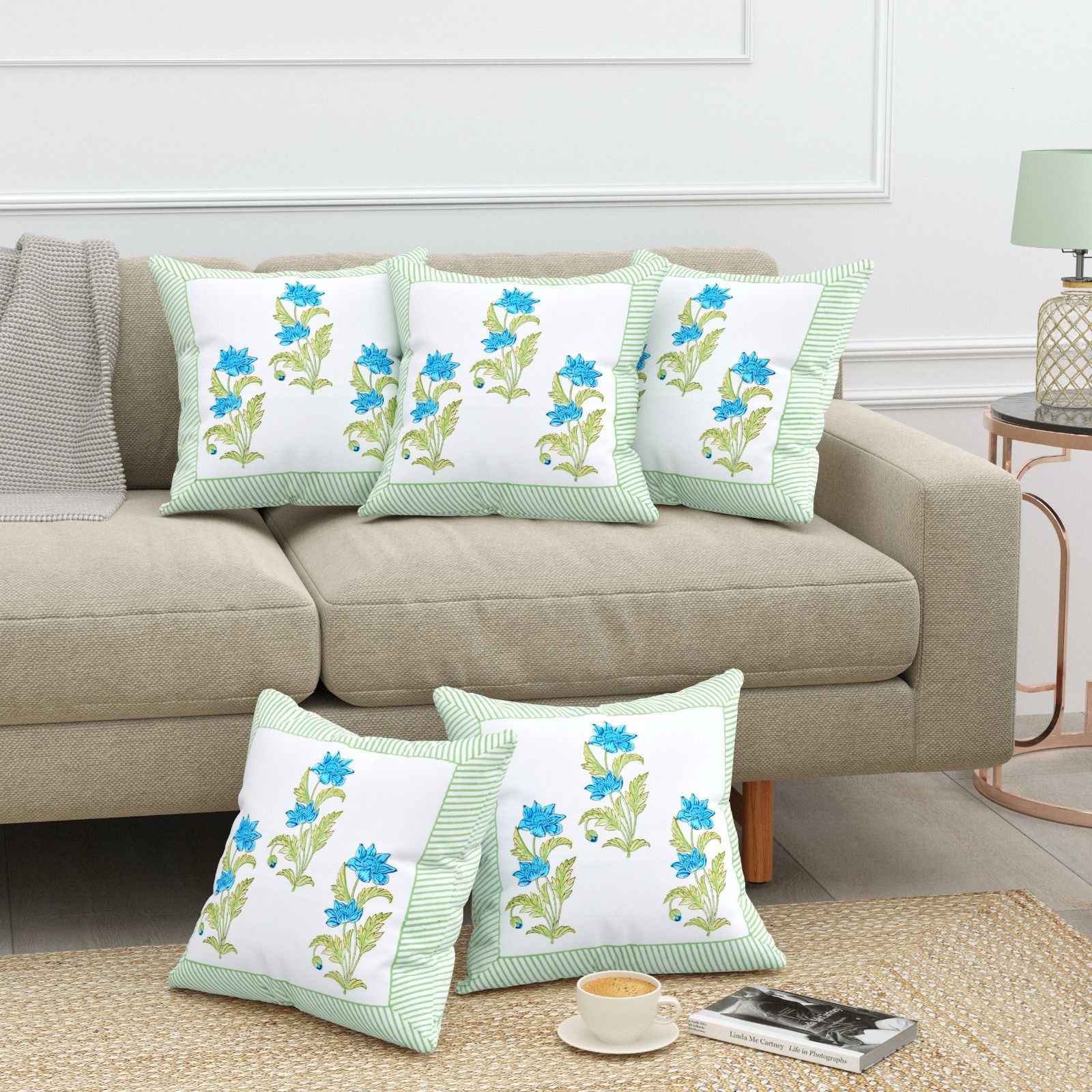 Pure cotton heavy canvas hand-block printed cushion covers 16x16 inches (set of 5)
