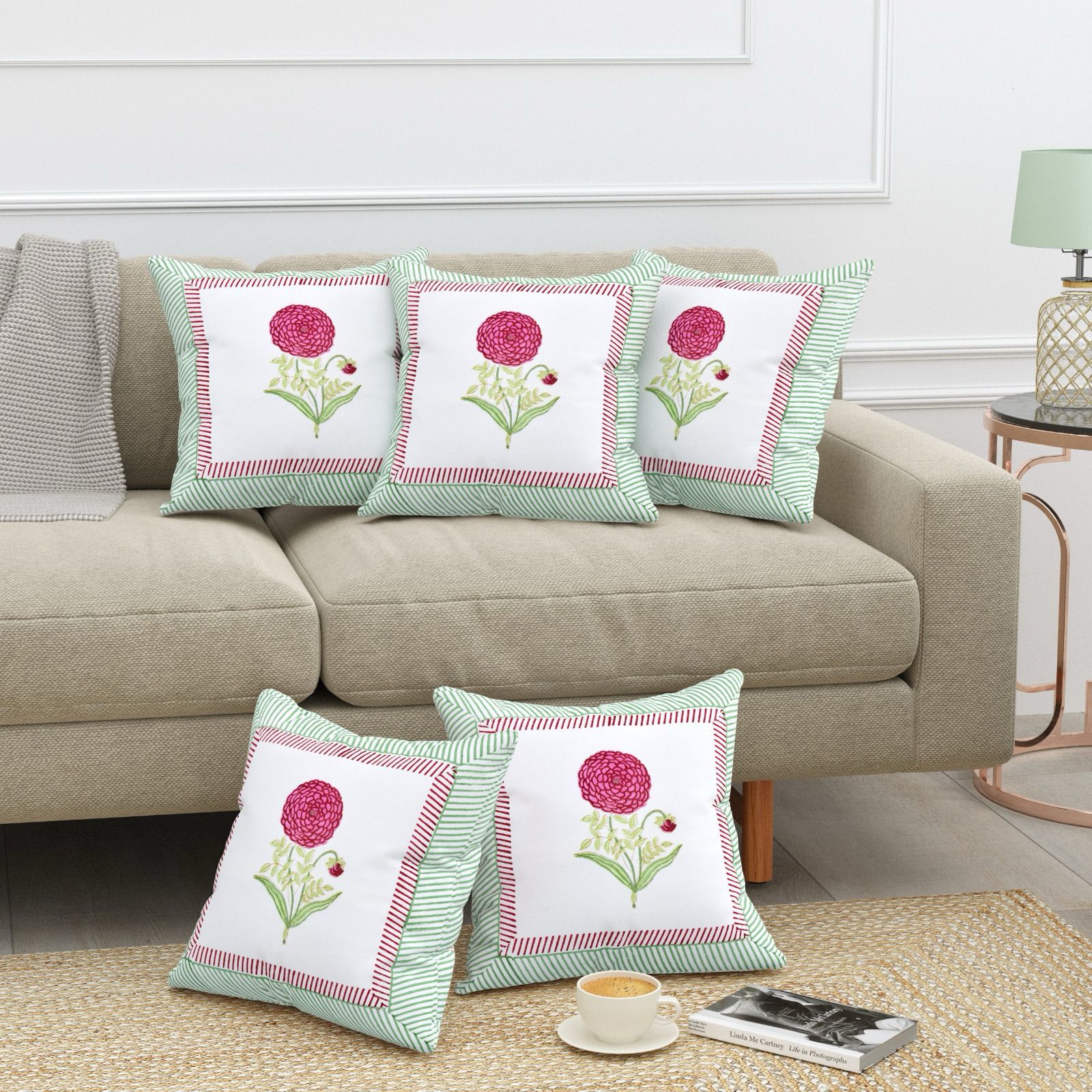 Pure cotton heavy canvas hand-block printed cushion covers 16x16 inches (set of 5)