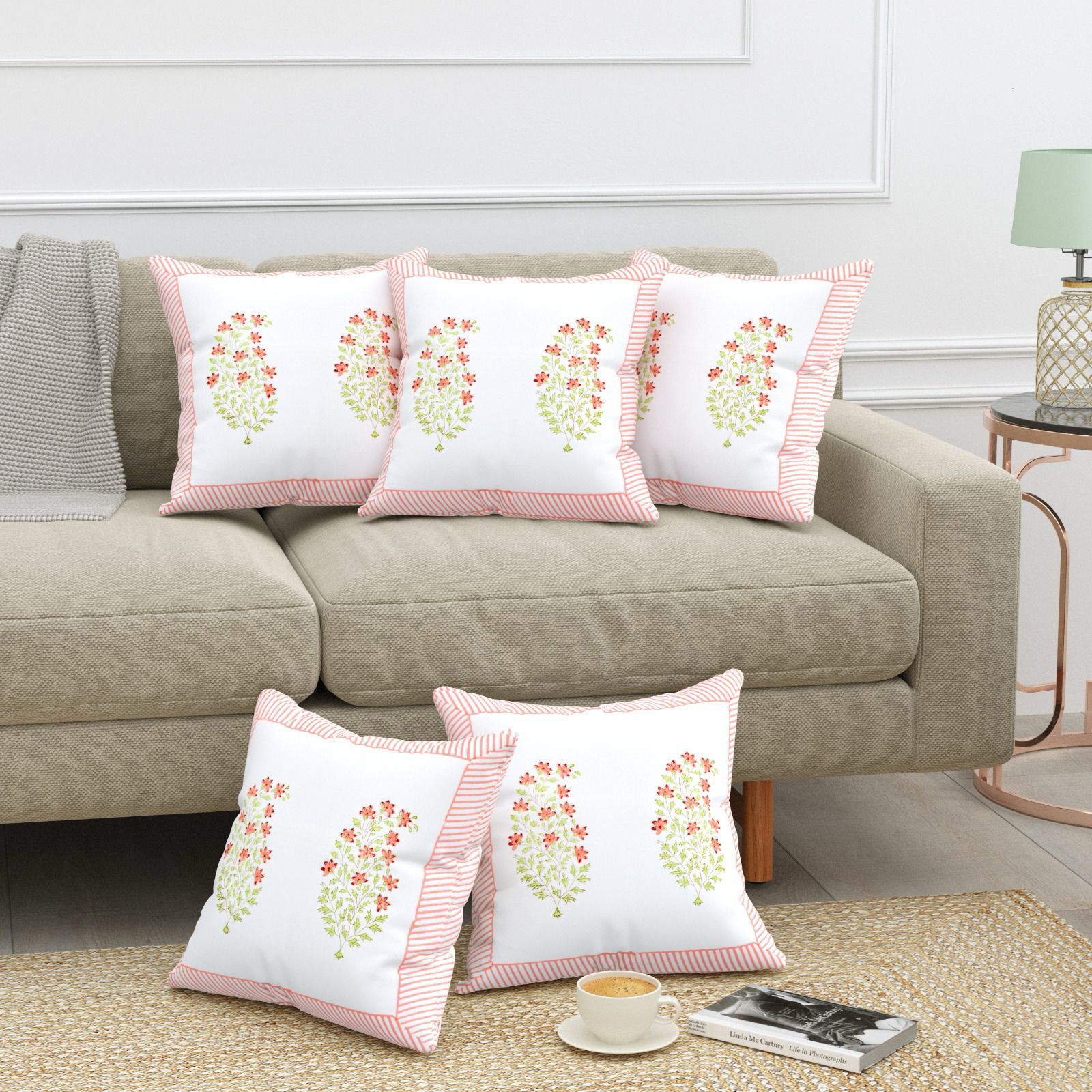 Pure cotton heavy canvas hand-block printed cushion covers 16x16 inches (set of 5)
