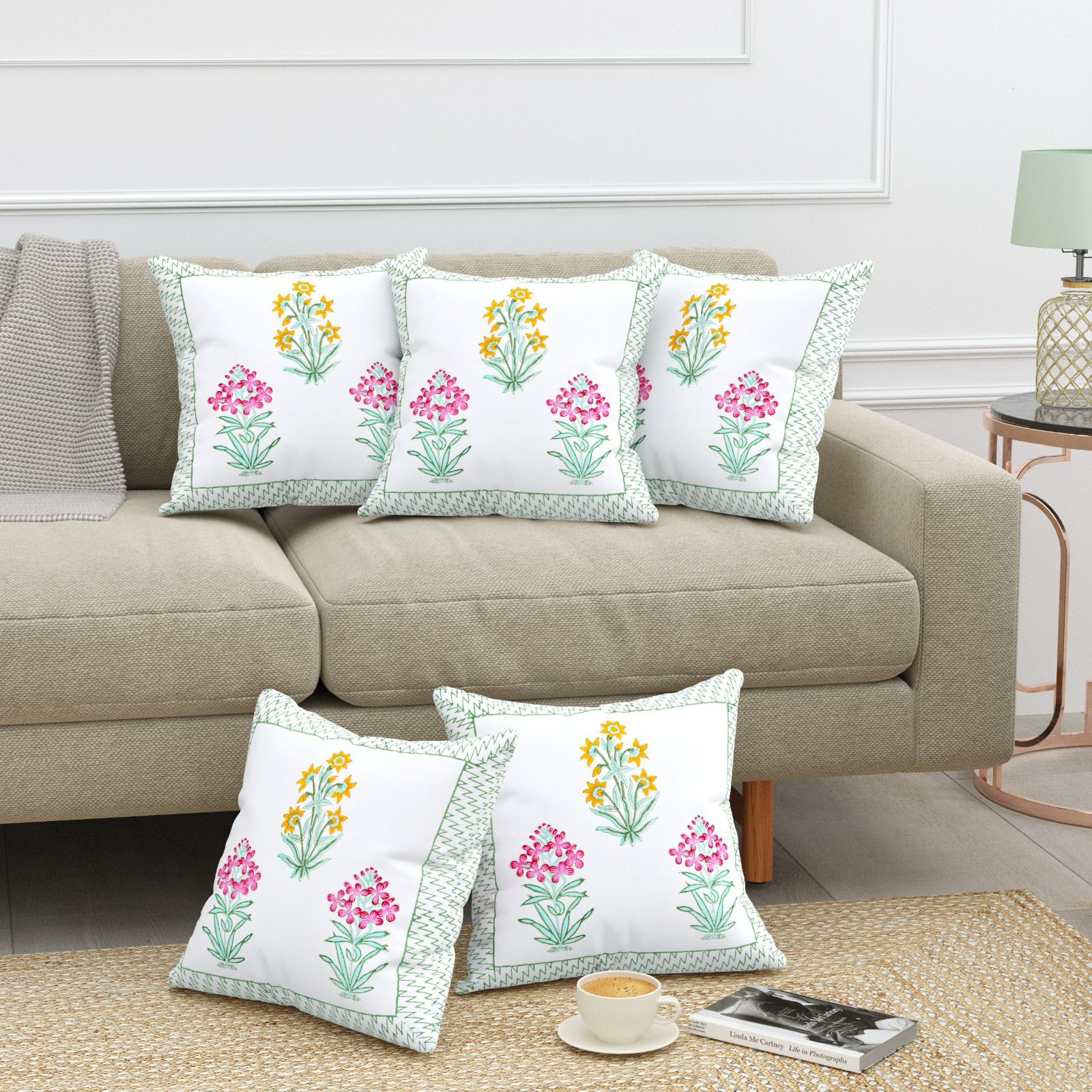 Pure cotton heavy canvas hand-block printed cushion covers 16x16 inches (set of 5)