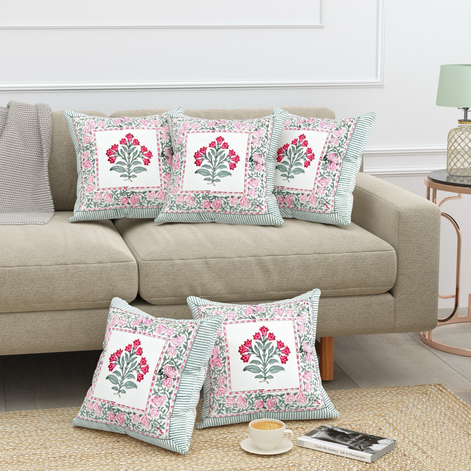 Pure cotton heavy canvas hand-block printed cushion covers 16x16 inches (set of 5)