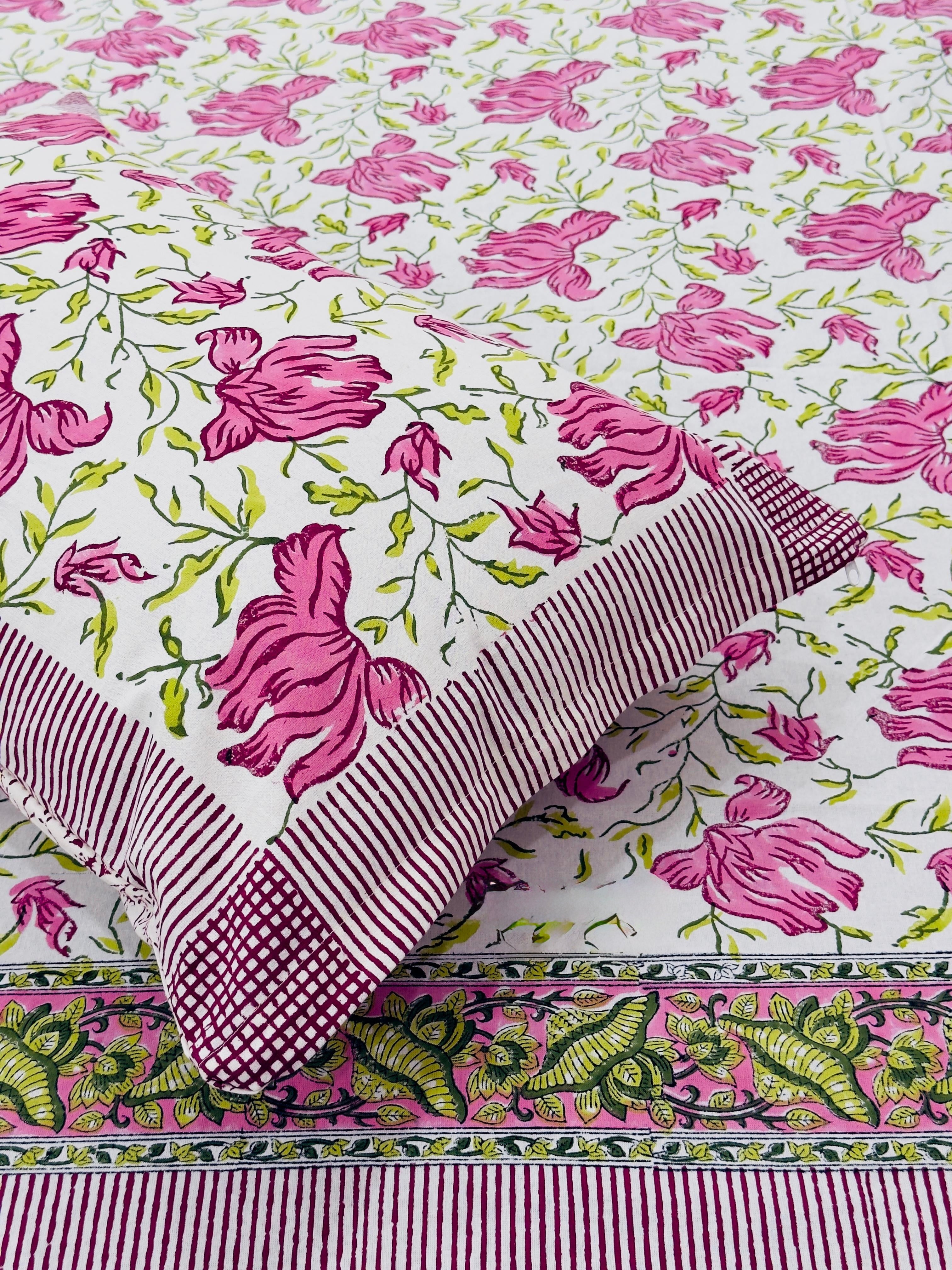 Pure cotton handblock printed king size bedsheet with 2 pillow covers (100x108 inches)